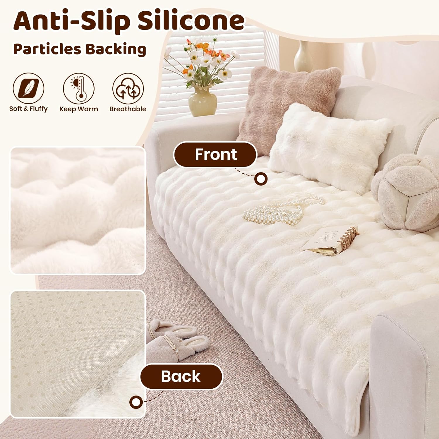 Detalle de Royhom Housse de Canapé Épais Peluche crème 90 x 160 cm – anti-dérapant et multi-usages