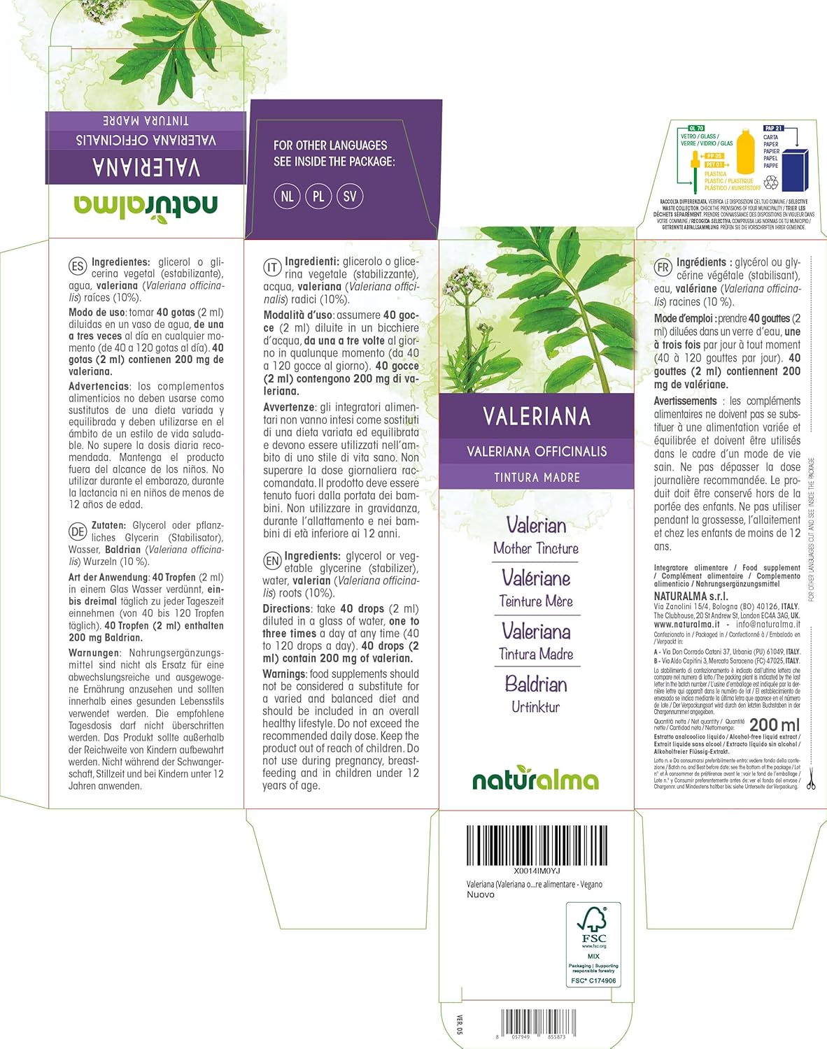 Detalle de Valériane en Teinture Mère sans alcool Naturalma — Extrait liquide 200 ml (racines de Valériane)