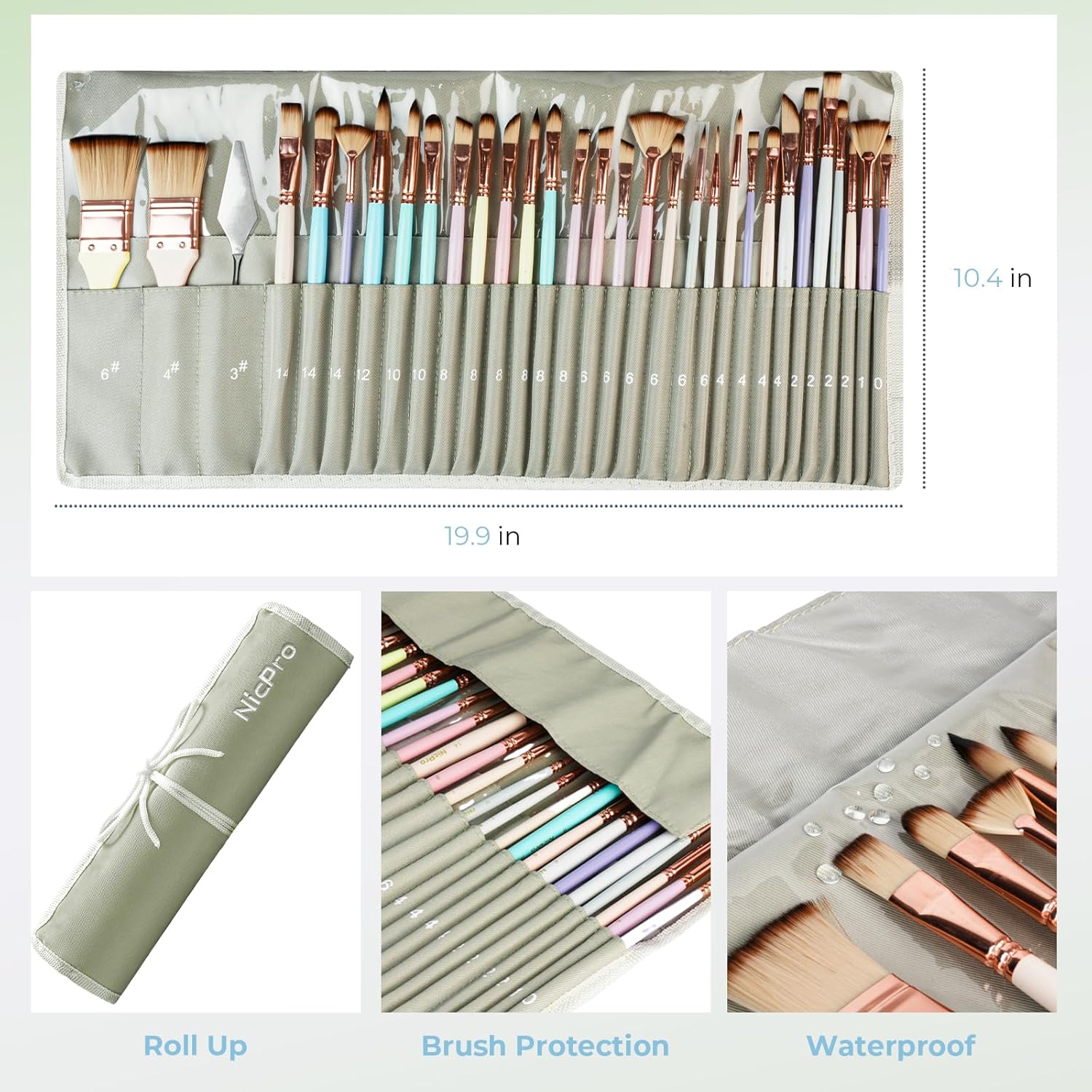 Thumbnail 5 de Nicpro 30-Piece Paint Brush Set with Pastel Handles and Canvas Roll