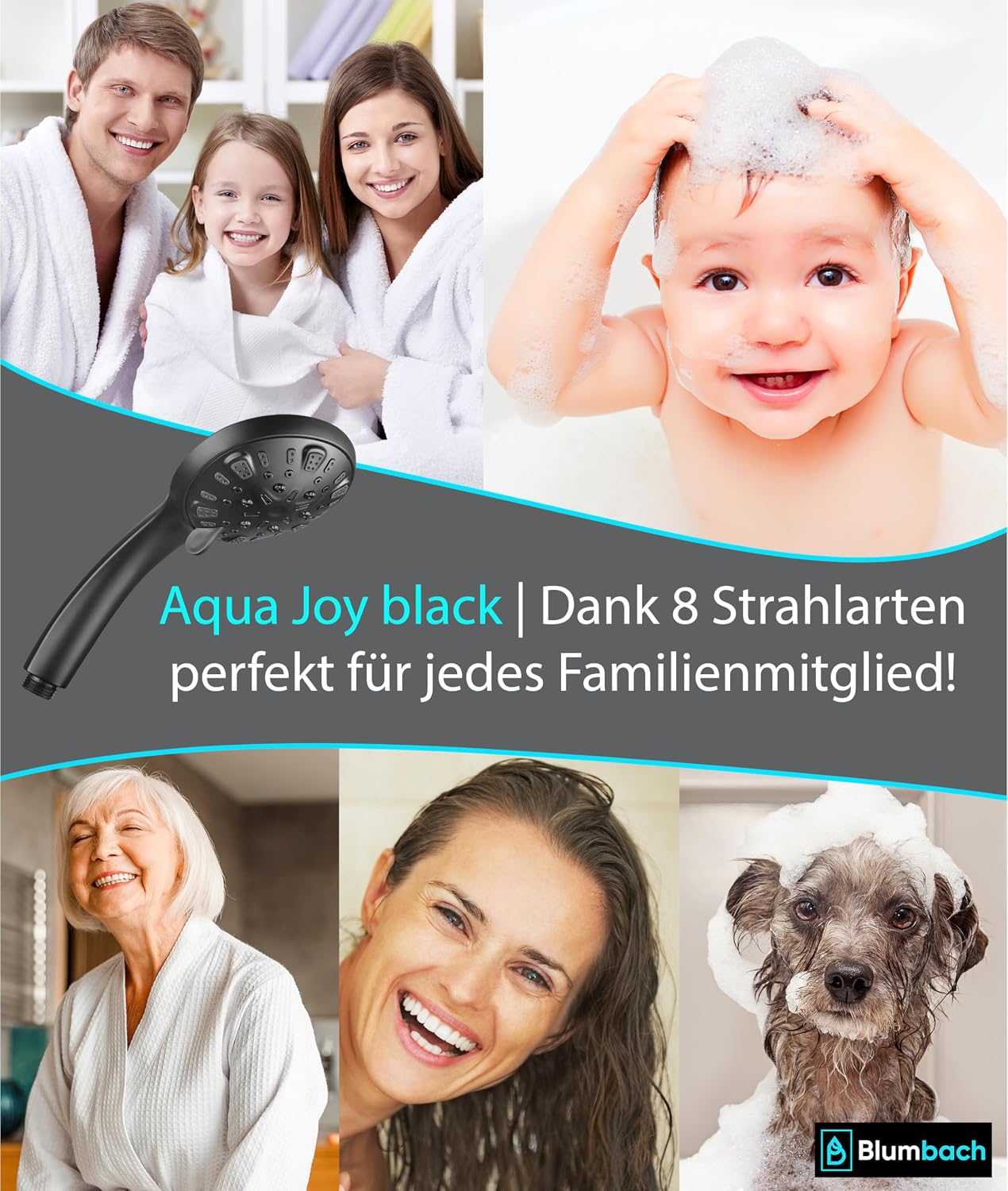 Detalle de BLUMBACH Duschkopf schwarz wassersparend „Aqua Joy“ mit 8 Strahlarten und druckerhöhender Wirkung