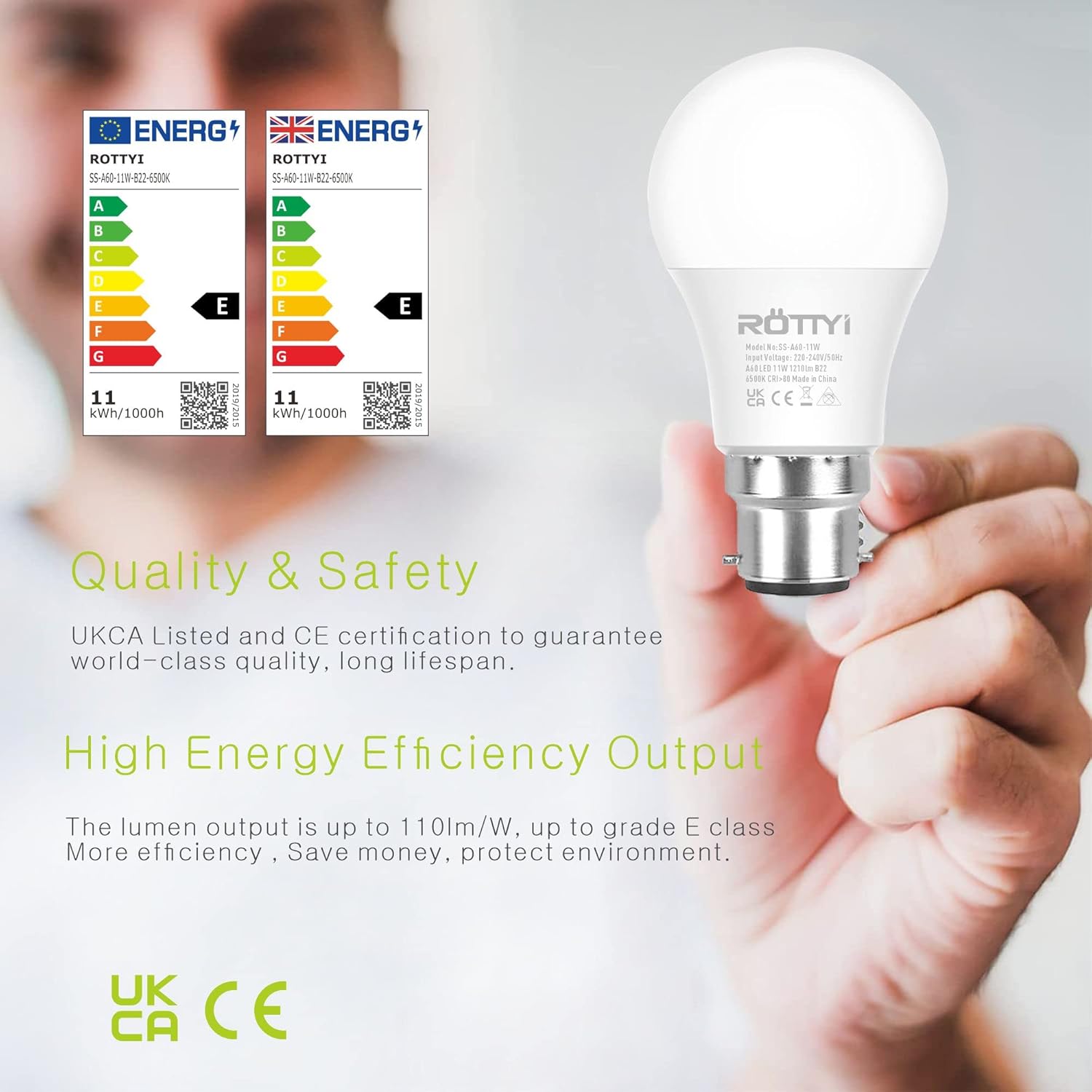 Thumbnail 5 de ROTTYI B22 Bayonet LED Bulbs 11W (100W Equivalent), 6500K Daylight, Pack of 6