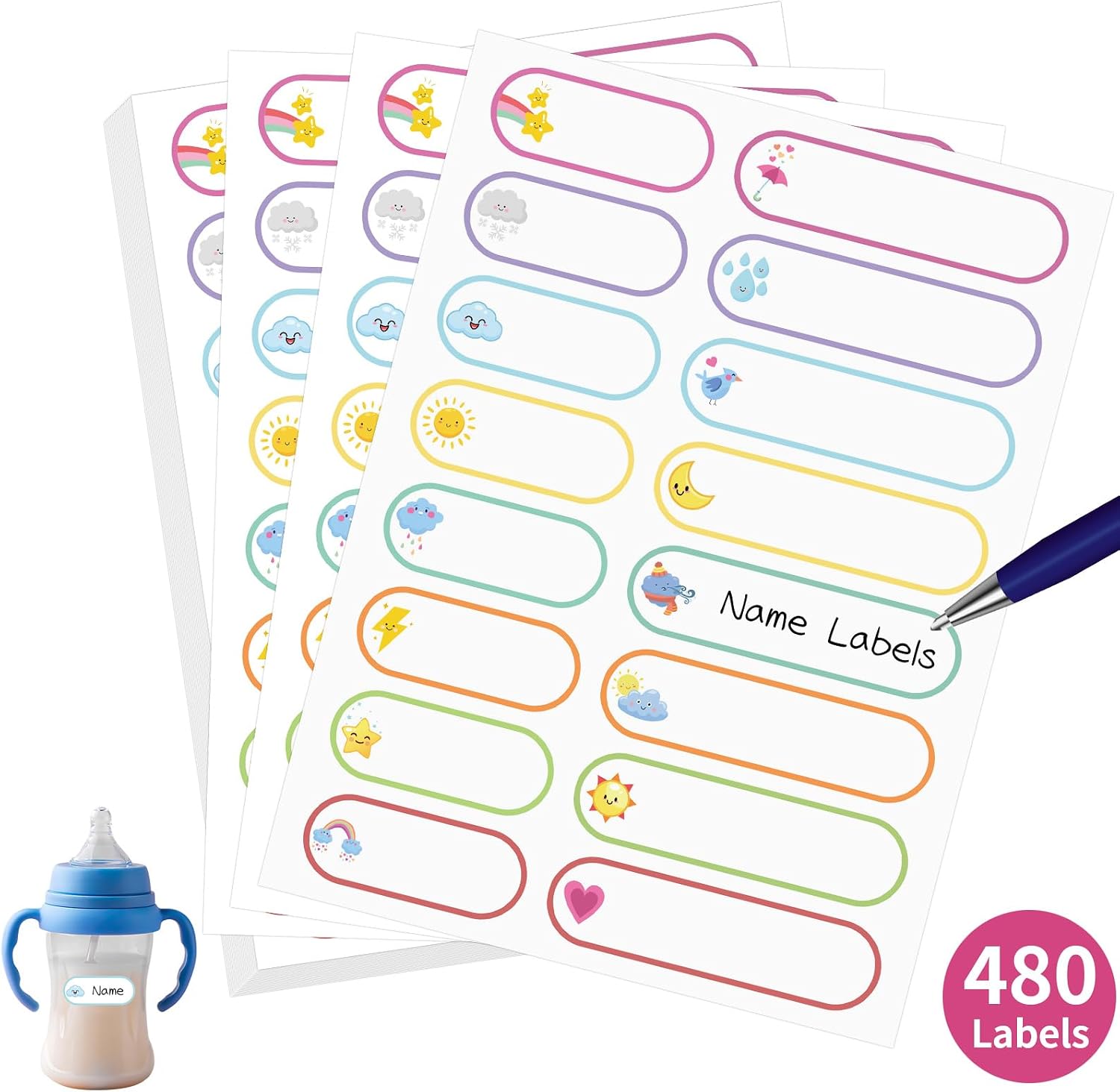 Detalle de MOWPOG Bottle Labels, 480 Waterproof Write-On Name Stickers in Two Sizes