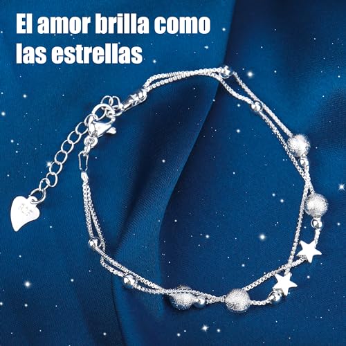 Detalle de Pulsera plateada para mujer Rebundex: regalo sofisticado con estrellas y cuentas