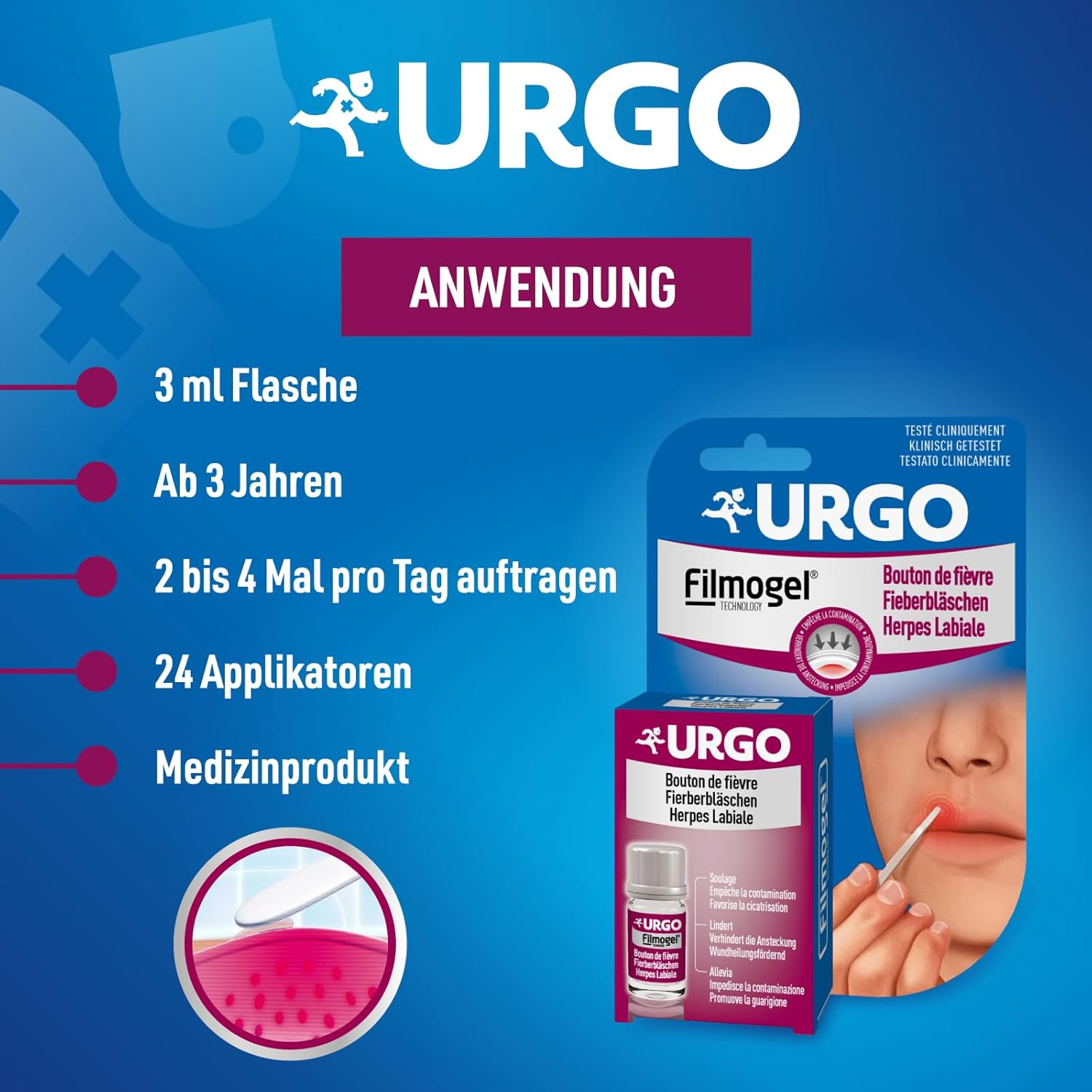 Detalle de Urgo Fieberbläschen Filmogel – isolierender Schutzfilm ab erster Symptomatik, 3 ml (24 Einweg-Applikatoren)