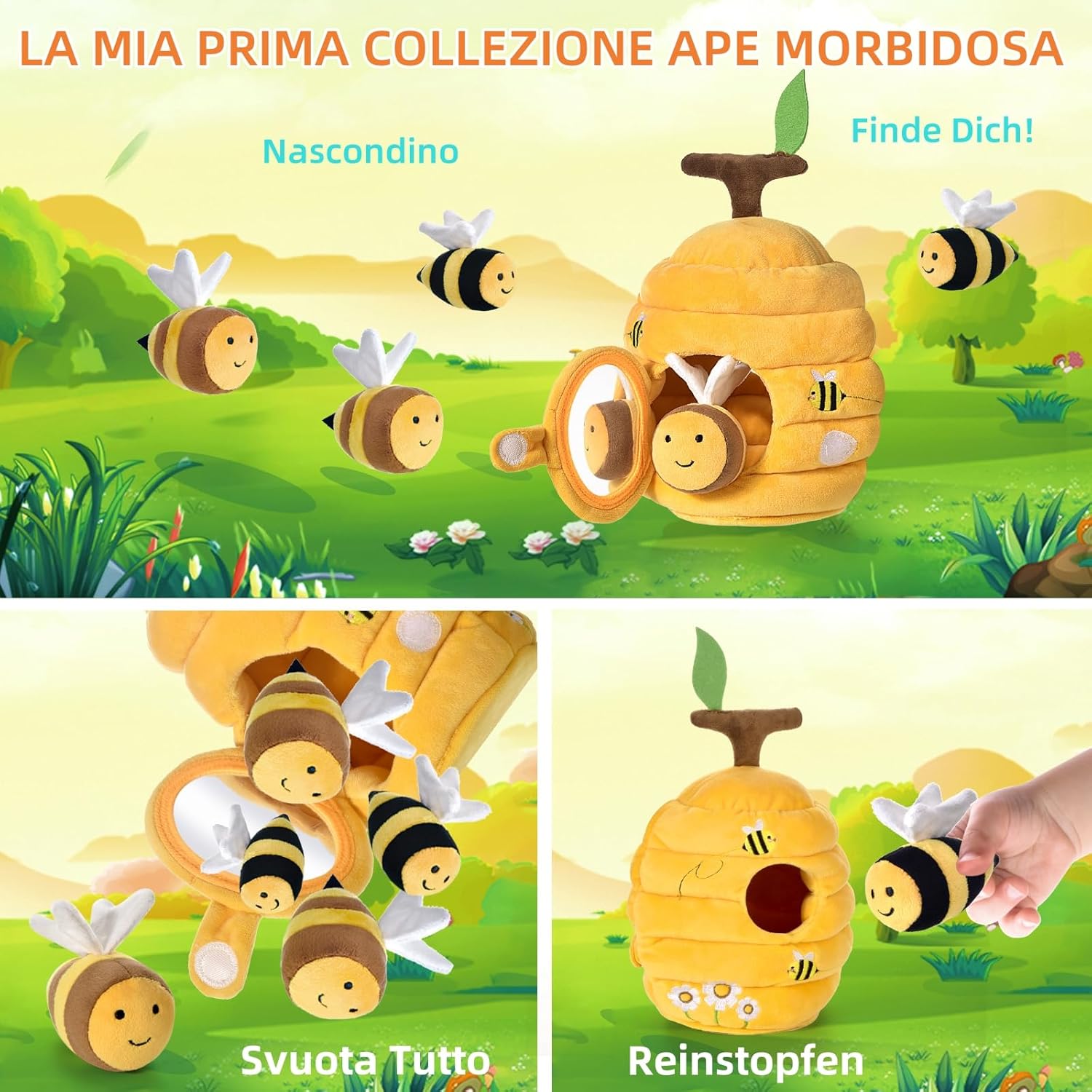Detalle 2 de VORENUS Giochi Neonato 6-12 mesi: alveare sensoriale morbido con 5 api (sonagli, crinkle e specchietto)