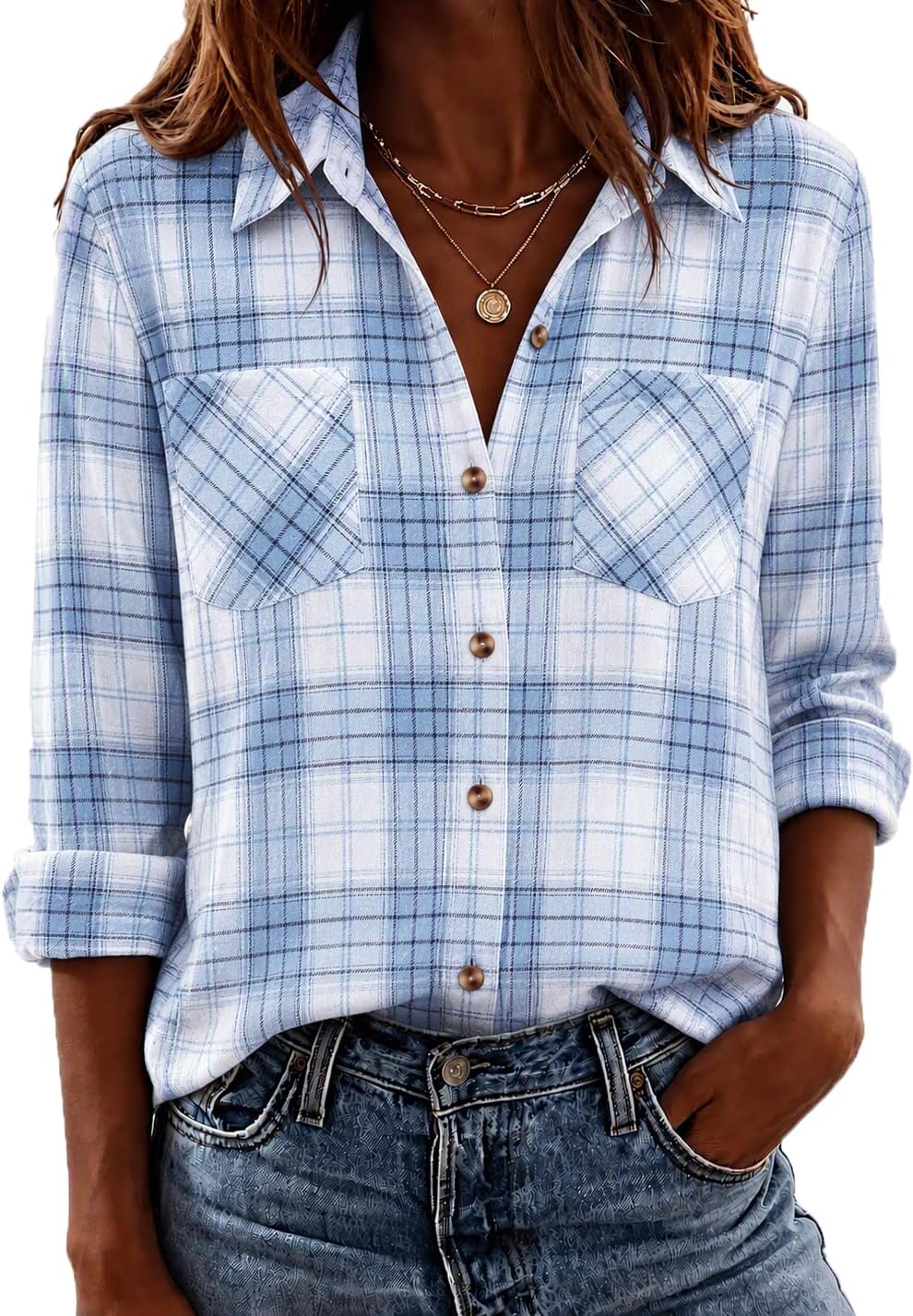 Detalle de Zeagoo Women's Plaid Shirt, Polyester-Cotton Blend