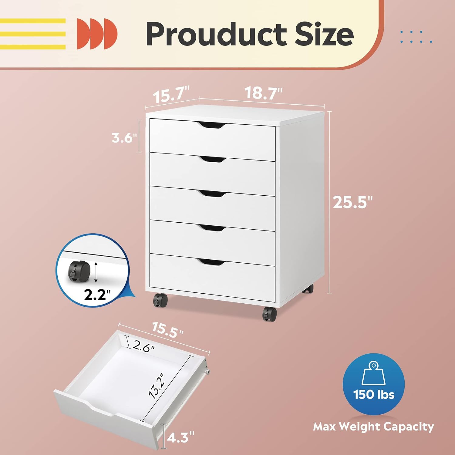 Detalle de DEVAISE ASNG009WH 5-Drawer Filing Cabinet, White Wood Storage with Casters