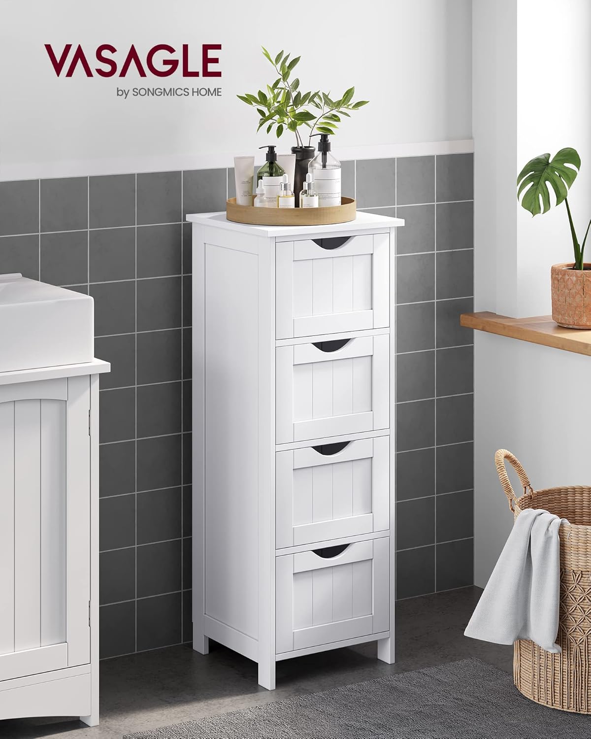 Detalle de VASAGLE Badezimmerschrank LHC40W mit 4 Schubladen (30 x 30 x 82 cm), weiß