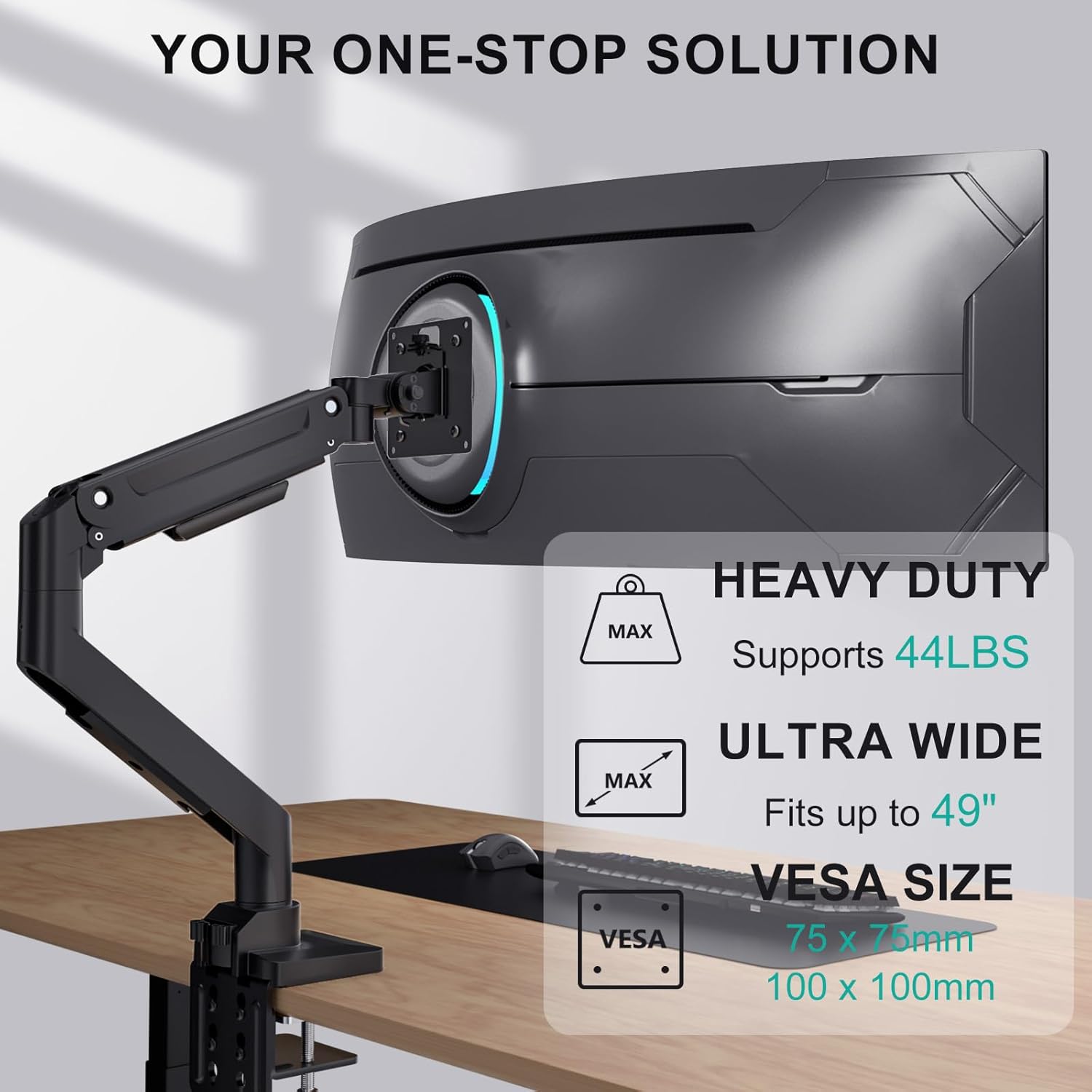 Detalle de WALI GSM001XL Ultrawide Monitor Arm (13–49 Inch) – Heavy-Duty Single Monitor Desk Mount