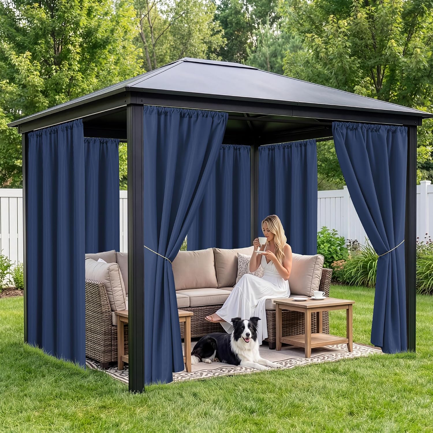 Detalle 2 de RichSets Outdoor Curtains, 8 Panels, Waterproof Navy Polyester, 54 x 84 Inch