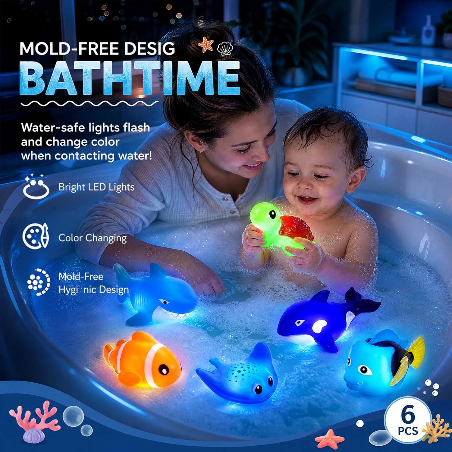 Detalle 2 de Light Up Bath Toys – Mold-Free No-Hole, Water-Activated LED Ocean Animal Bath Toys (Water Table/ Bathtub/ Shower)