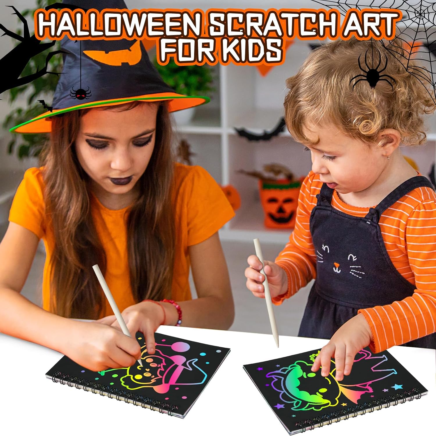 Detalle de FEREDO KIDS 24-Pack Rainbow Scratch Art Notebooks with Halloween Designs