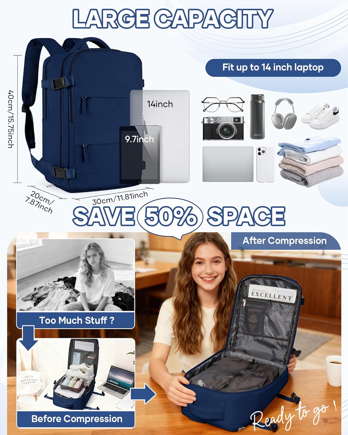 Detalle 2 de SZLX Großer Reiserucksack Damen – Vakuum-Kompression, 40x30x20 cm, Laptopfach, Schuhfach, USB-Pumpe