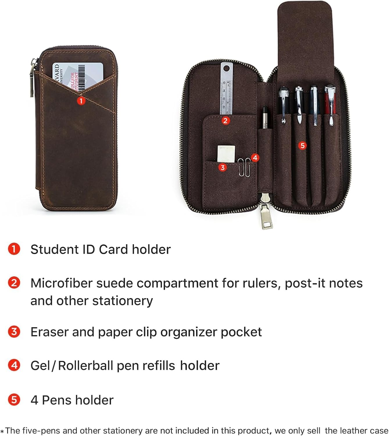 Thumbnail 3 de CONTACTS Leather 4 Slots Pens Case Pouch with Zipper Closure