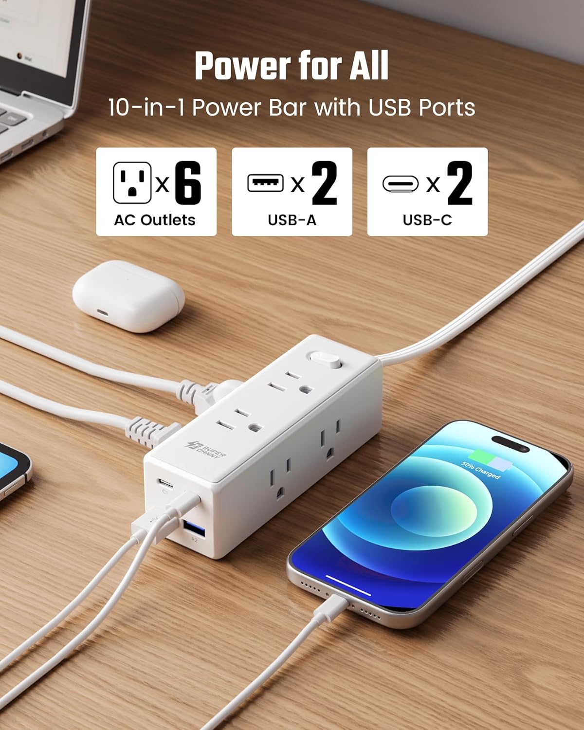 Detalle 2 de 15 Ft Extension Cord with 6 Outlets & 4 USB Ports (2 USB-C) with Surge Protection