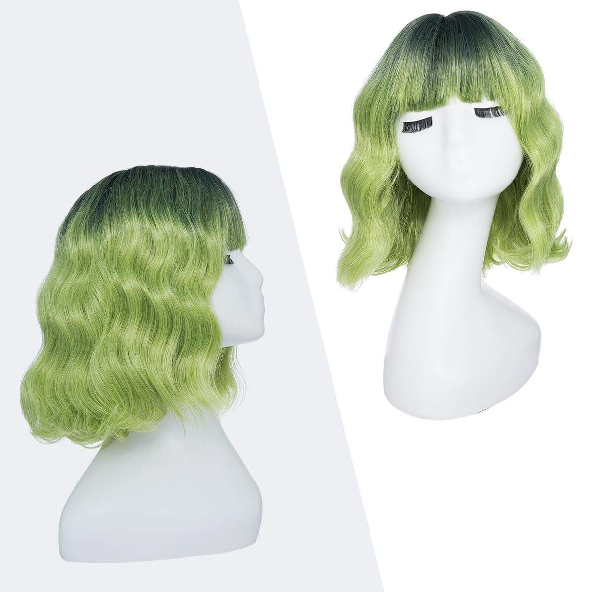 Thumbnail 1 de PARXITN Kurze Bob Perücke Damen – Ombré Grün, Pony, 12 Zoll | Cosplay & Alltag