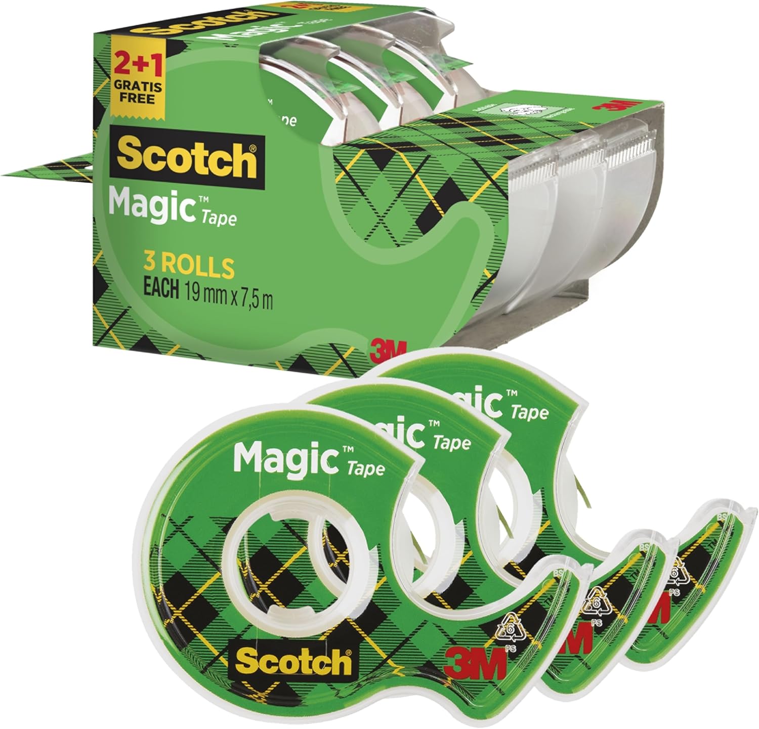 Detalle de Scotch Magic Tape Promo Pack: 2 Rolls on Handheld Dispenser + 1 Free, 19 mm x 7.5 m