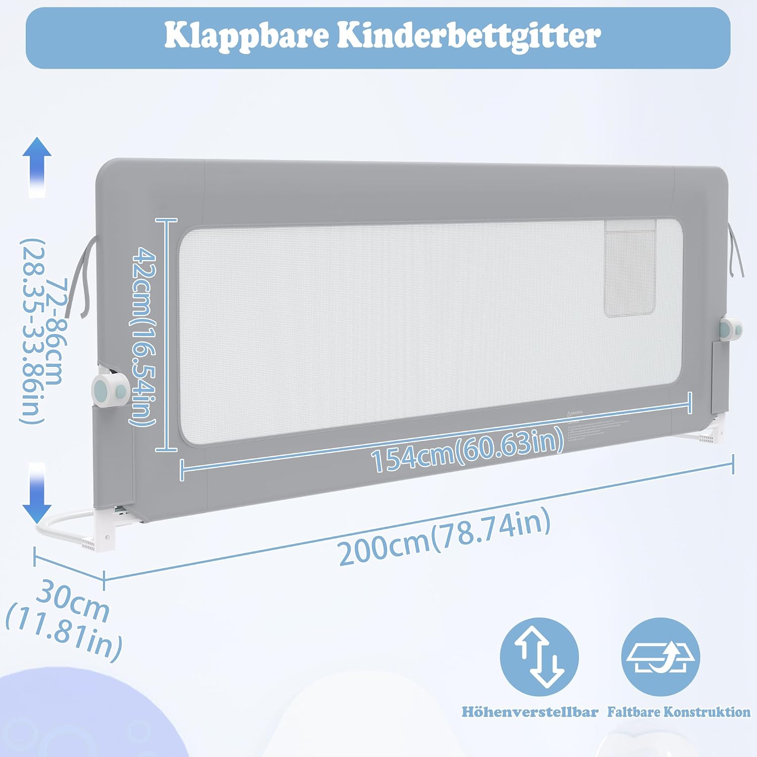 Detalle de UISEBRT HM-CH-003 sänggrind 200 cm, fällbar med justerbar höjd