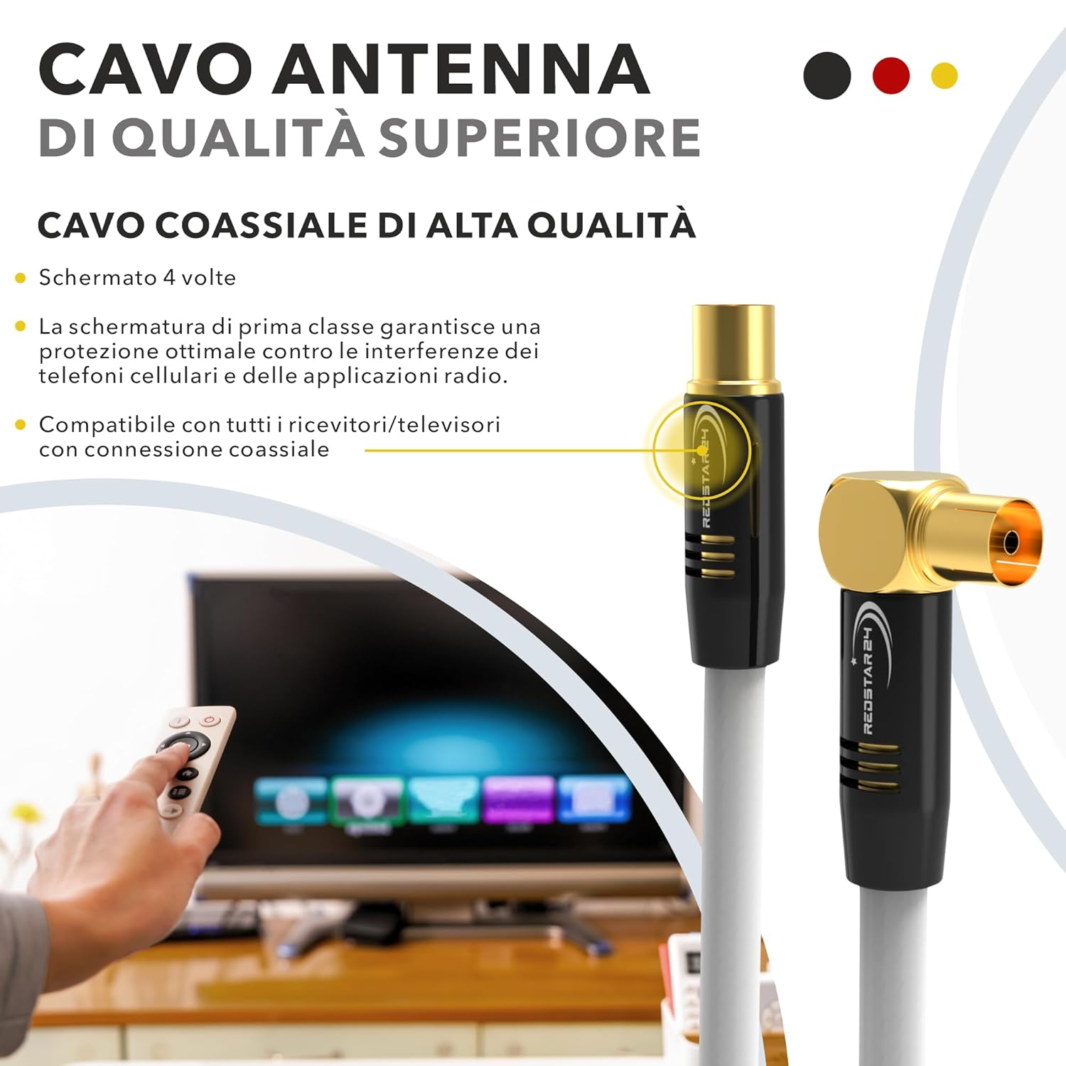 Detalle de RedStar24 Cavo Antenna 5m Bianco, connettore IEC angolato 90° – HDTV Premium per TV e Radio