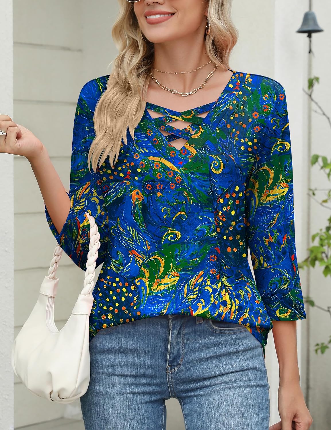 Detalle de Rapbin Women's Dressy Casual 3/4 Sleeve V-Neck Cross Tee