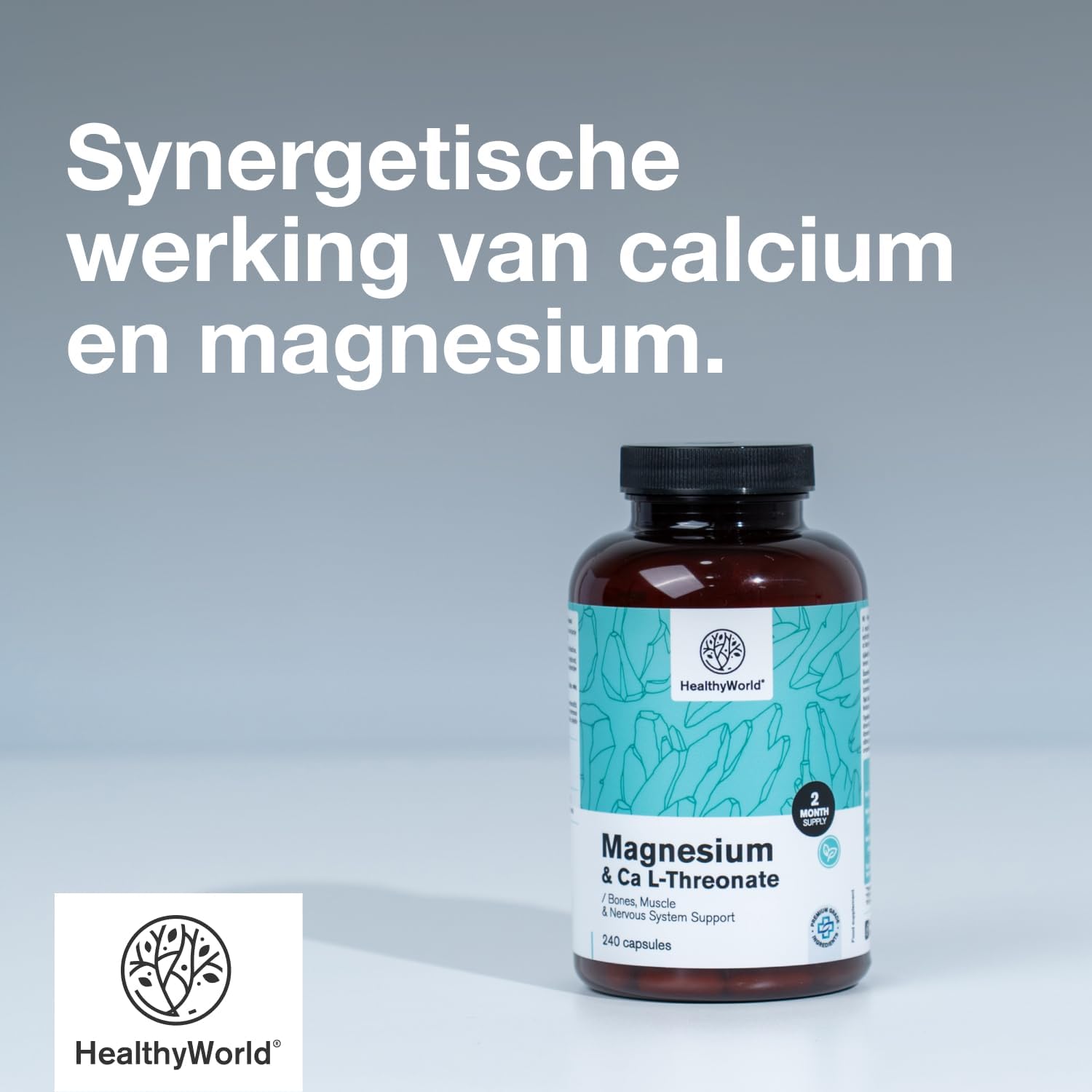 Thumbnail 4 de HealthyWorld Magnesium + Calcium L-Threonaat, 240 capsules met citraat en bisglycinaat