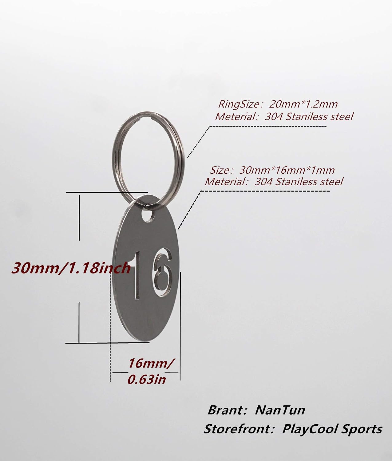 Detalle de NanTun 304 Stainless Steel Oval Key Tags with Ring (1 to 10) – 10 pcs numbered key rings