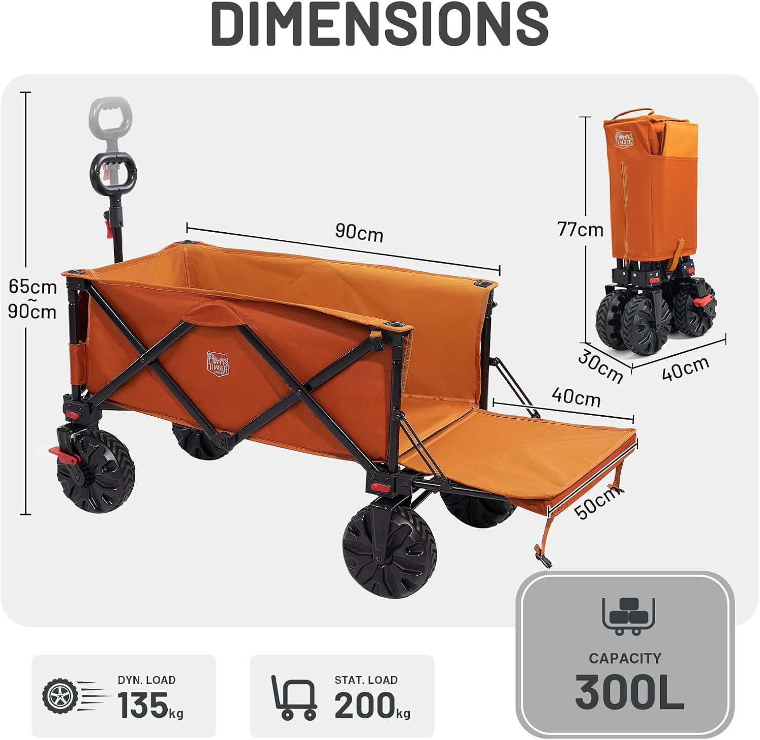 Detalle de TIMBER RIDGE 300L Bollerwagen Faltbar XXXL – Stabiler Strand- und Transportwagen mit Heckklappe, Bremse & verstellbarem Griff