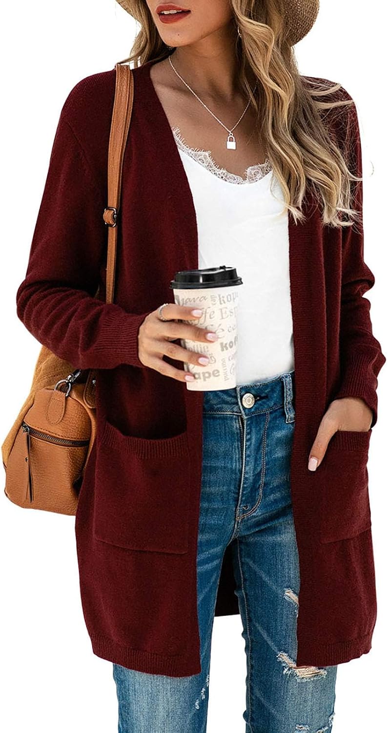 Detalle 2 de Saodimallsu Damen Strickjacke – langer, leichter Cardigan mit offenem Vorderteil, V-Ausschnitt und Taschen