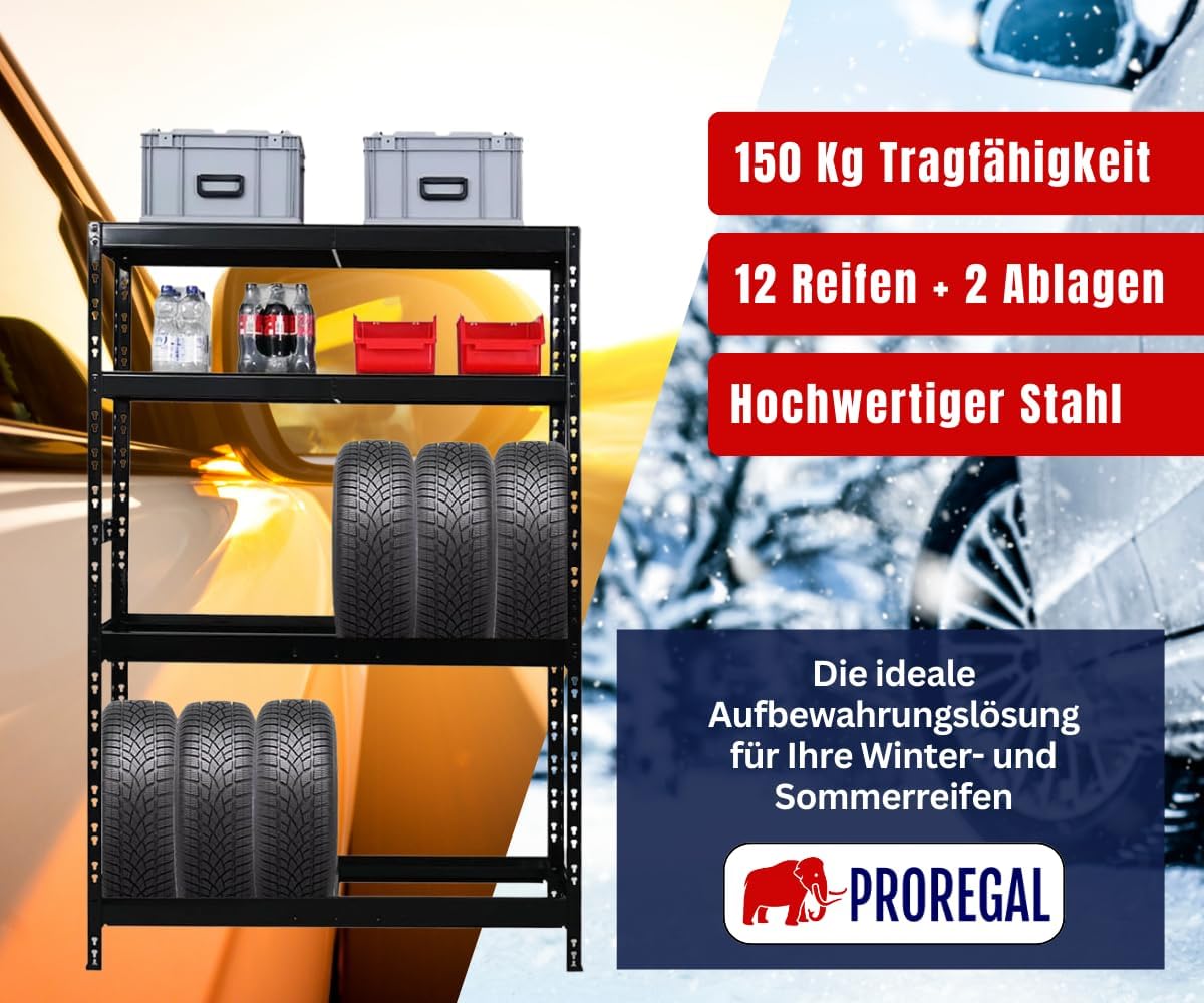 Thumbnail 2 de PROREGAL Reifenregal Tiger für bis zu 12 Reifen (180 x 120 x 40 cm) – Werkstatt- & Lagerregal in Schwarz