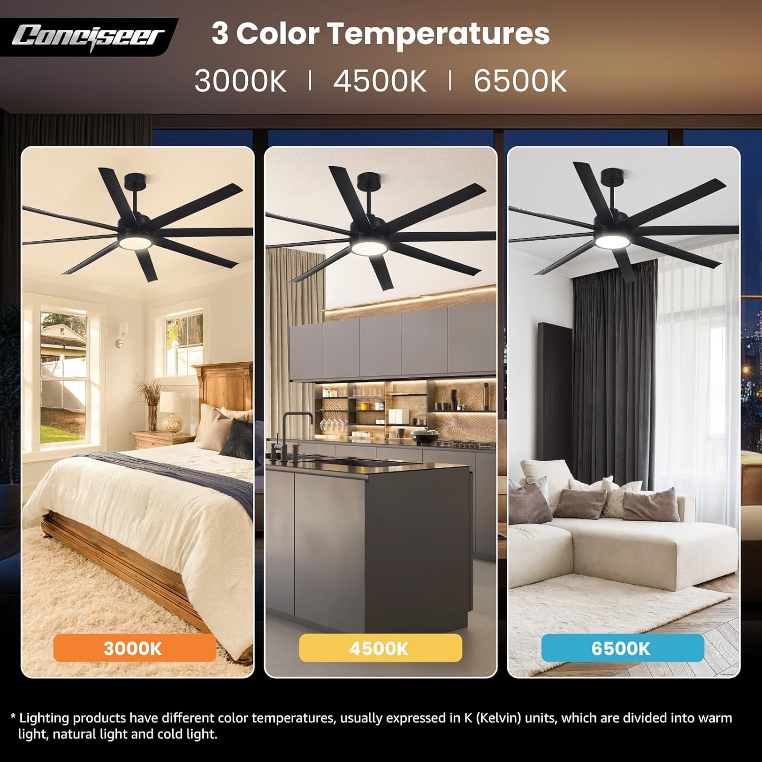 Thumbnail 5 de Conciseer 72-Inch Modern Ceiling Fan with Lights, Remote & 6-Speed Reversible Quiet DC Motor (Black)