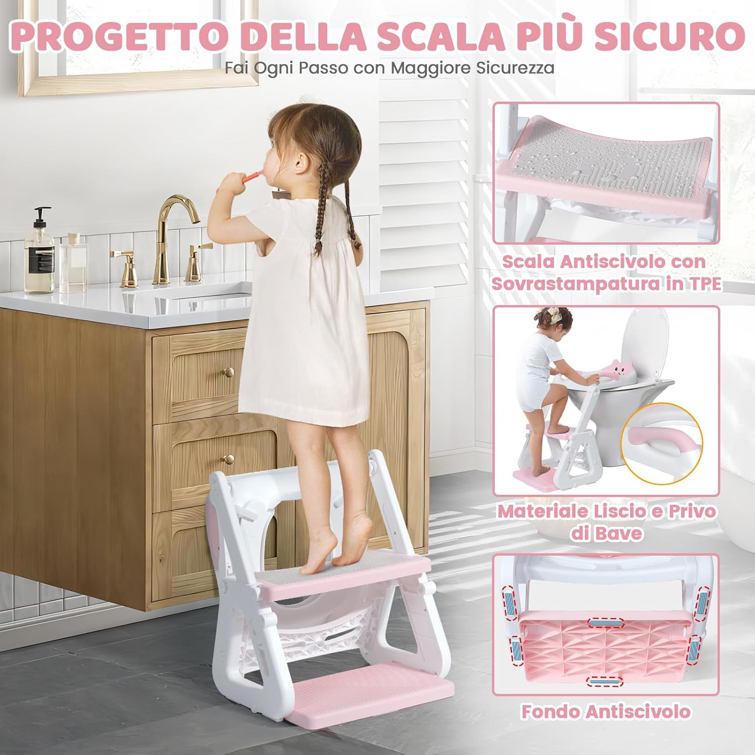 Thumbnail 4 de Riduttore Wc Bambini Orzbow Upgraded 2 in 1: Riduttore Triangolare, Pedale Allargato e Paraspruzzi, Rosa Orso