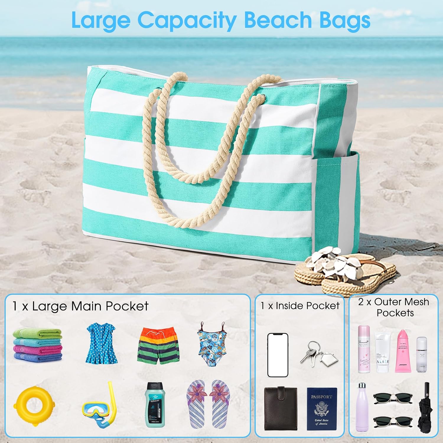 Thumbnail 6 de oscaurt Large Waterproof Beach Bag with Zip & Rope Handle (Large Capacity Tote)