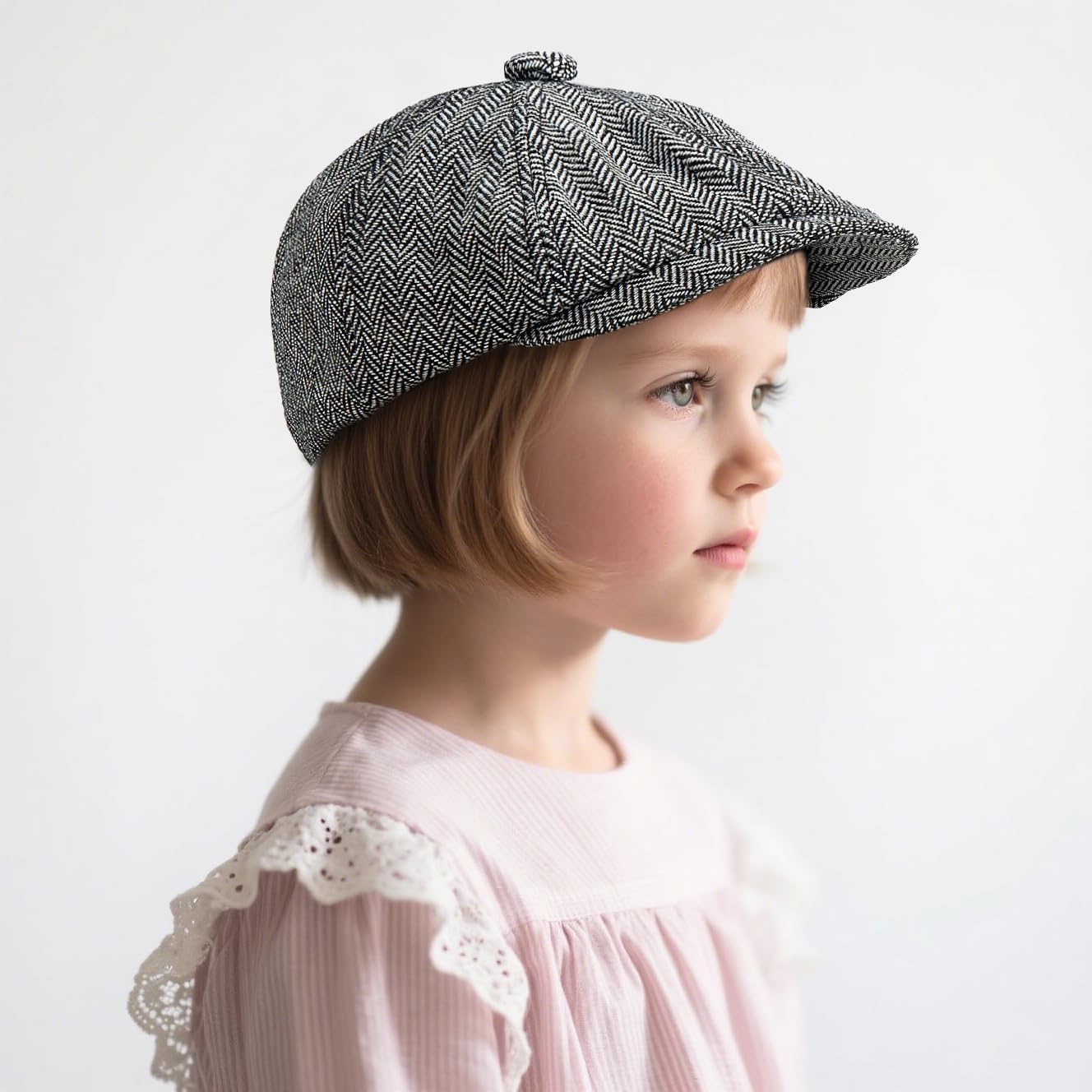 Detalle de MCWTH Vintage Newsboy Cap for Toddler Boys (2–8 Years) – Tweed-style 8-piece herringbone with adjustable strap