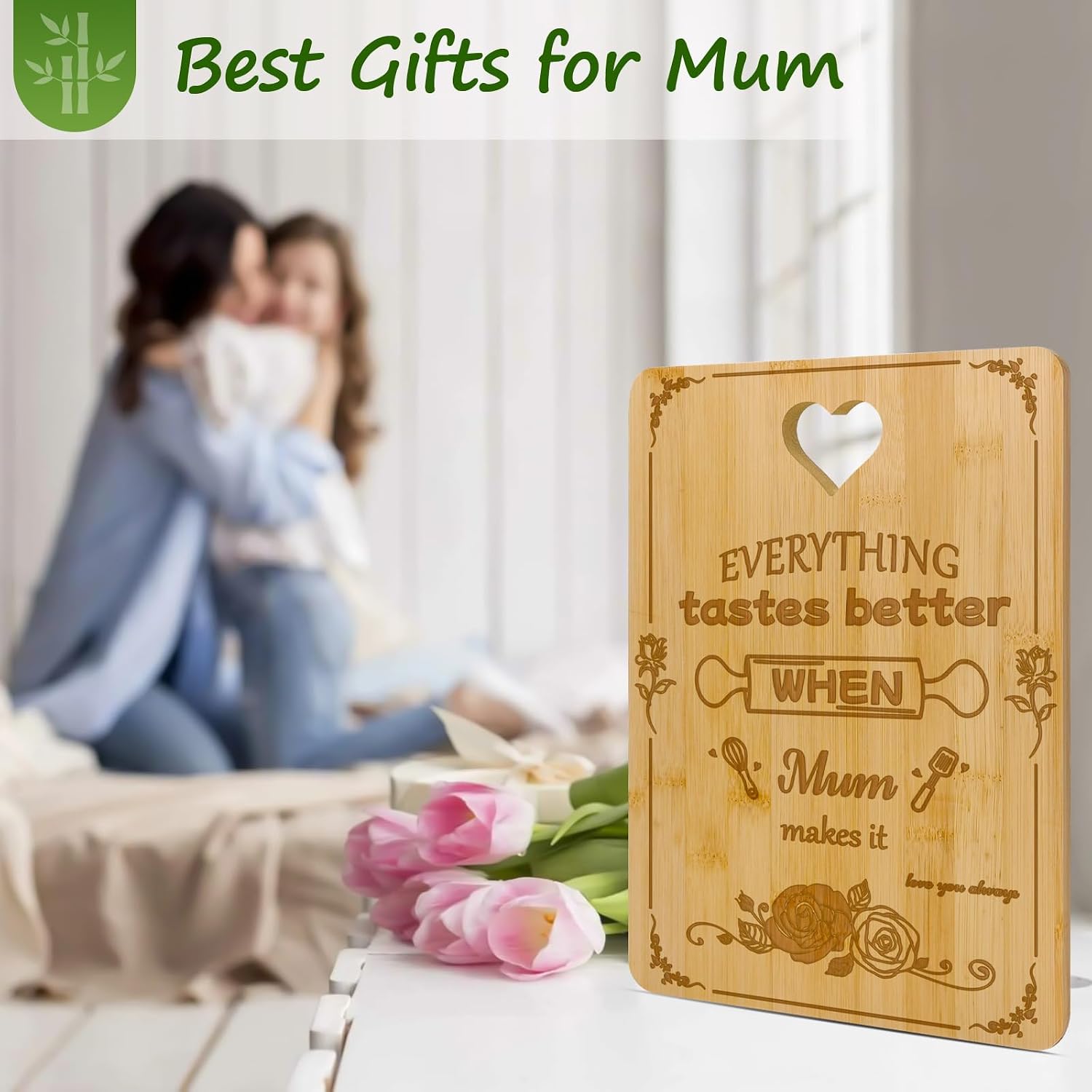 Detalle 2 de Zindoo Mum Heart Handle Engraved Bamboo Chopping Board