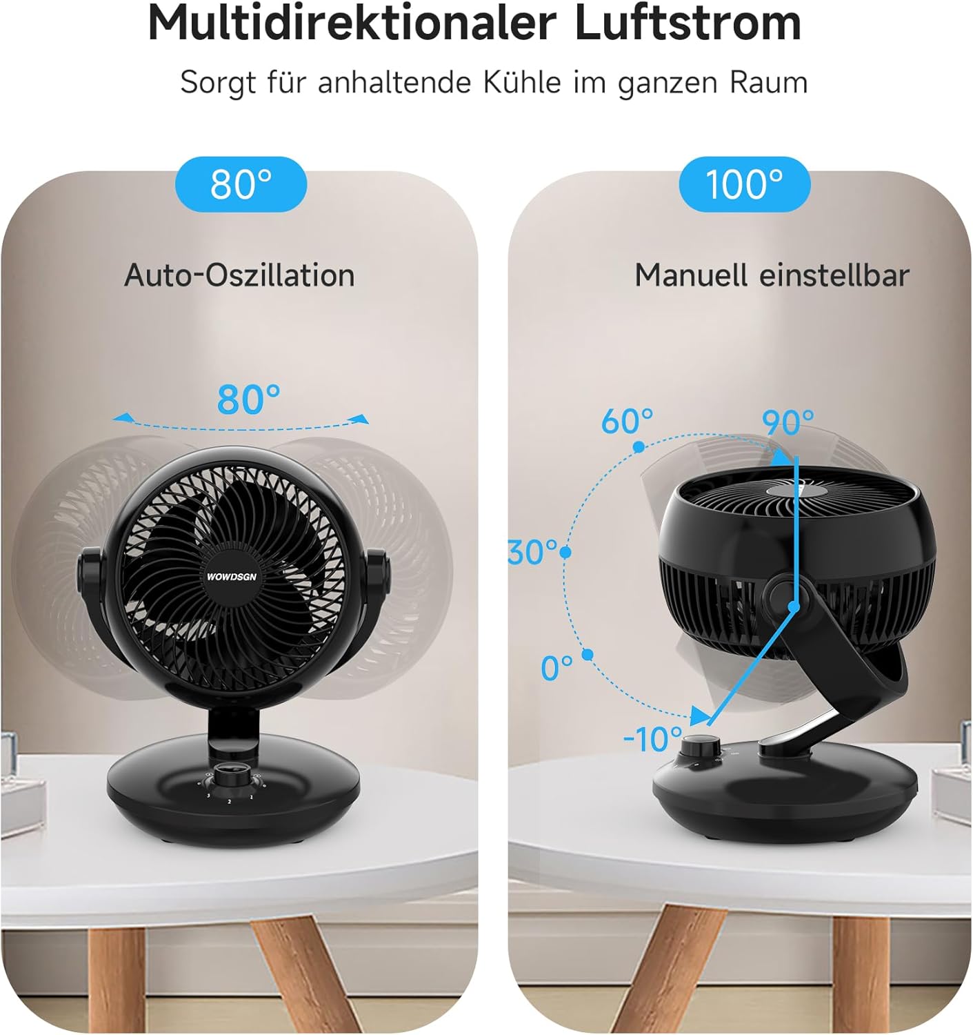 Detalle de WOWDSGN Ventilator Leise – Tischventilator mit 24 dB und 100°/80° Oszillation