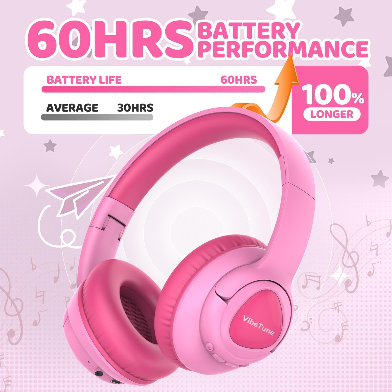 Thumbnail 1 de VibeTune Kids Bluetooth Headphones (Pink) with up to 60H playtime, volume limited 85/94dB and Bluetooth 5.4