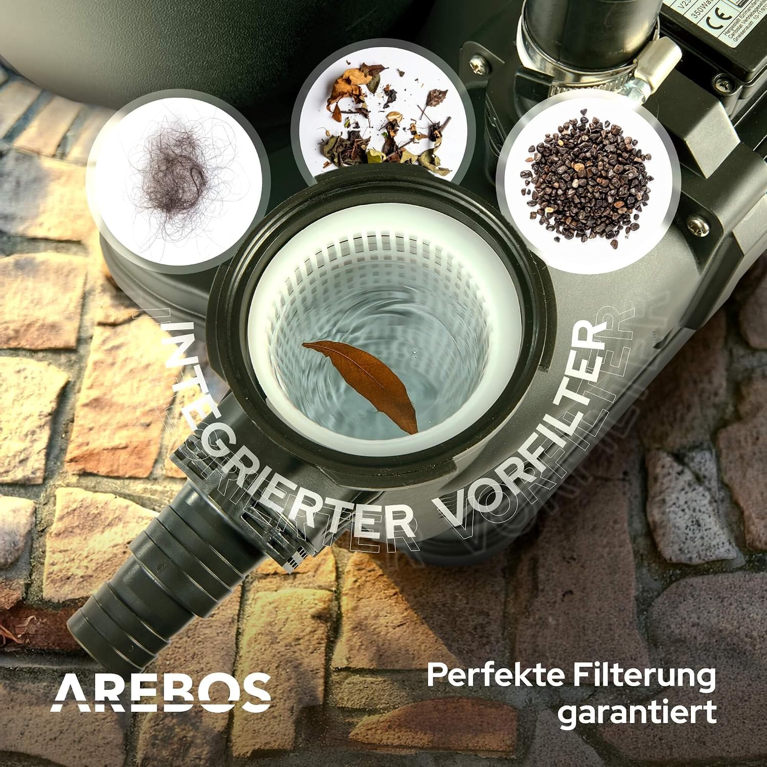 Detalle de AREBOS Schwimmbadpumpe 350 W (9500 l/h) mit Vorfilter – Filterpumpe für Pool-Sandfilteranlagen