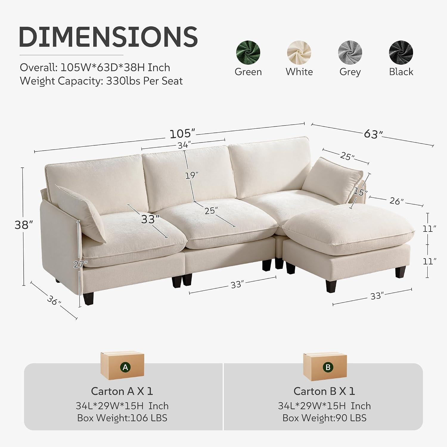 Thumbnail 1 de Ihanherry 105-Inch Modular Sectional Sofa with Chenille and Movable Ottoman