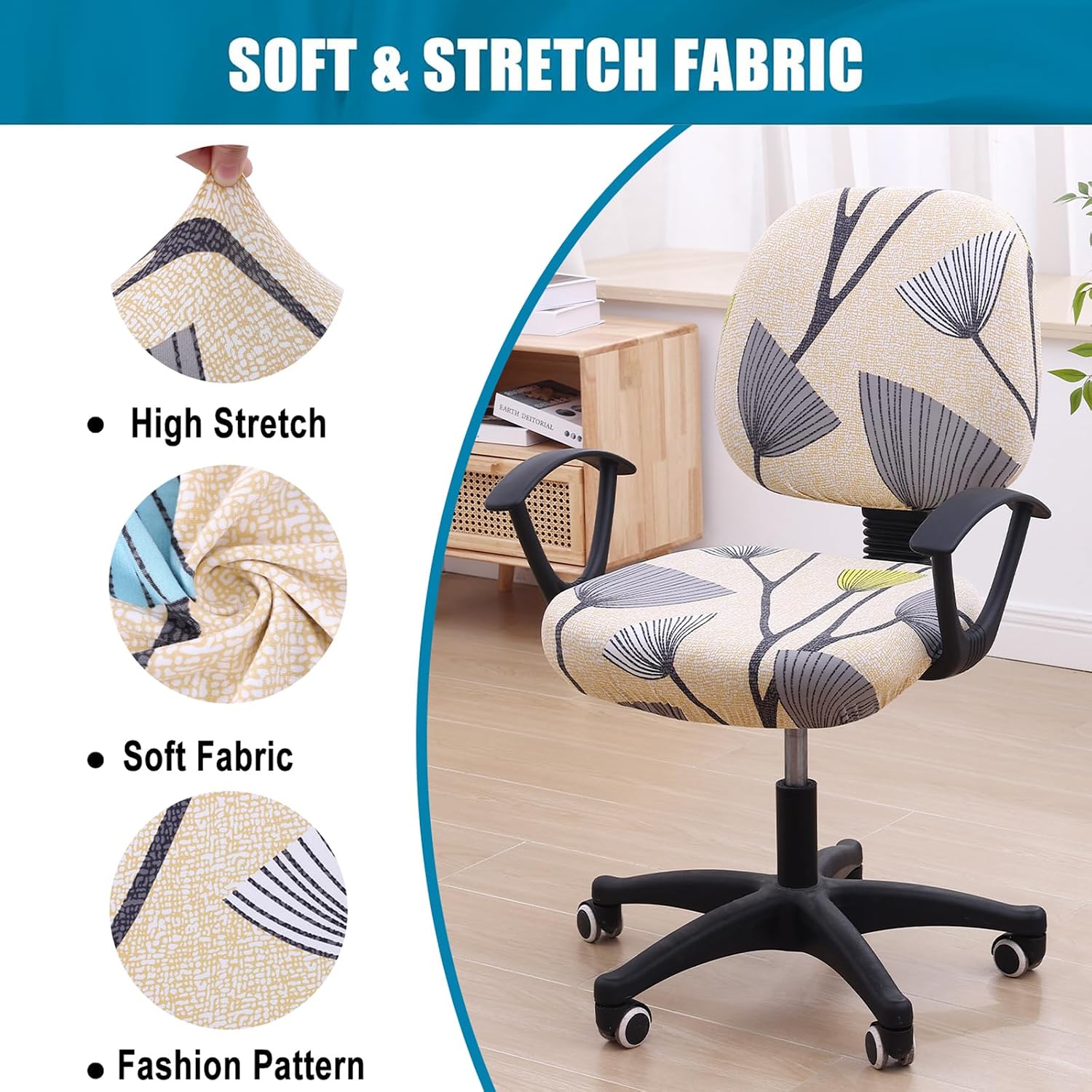 Detalle 2 de Smiry Stretch Printed Office Chair Cover for Seat and Back, Washable Yellow and Gray
