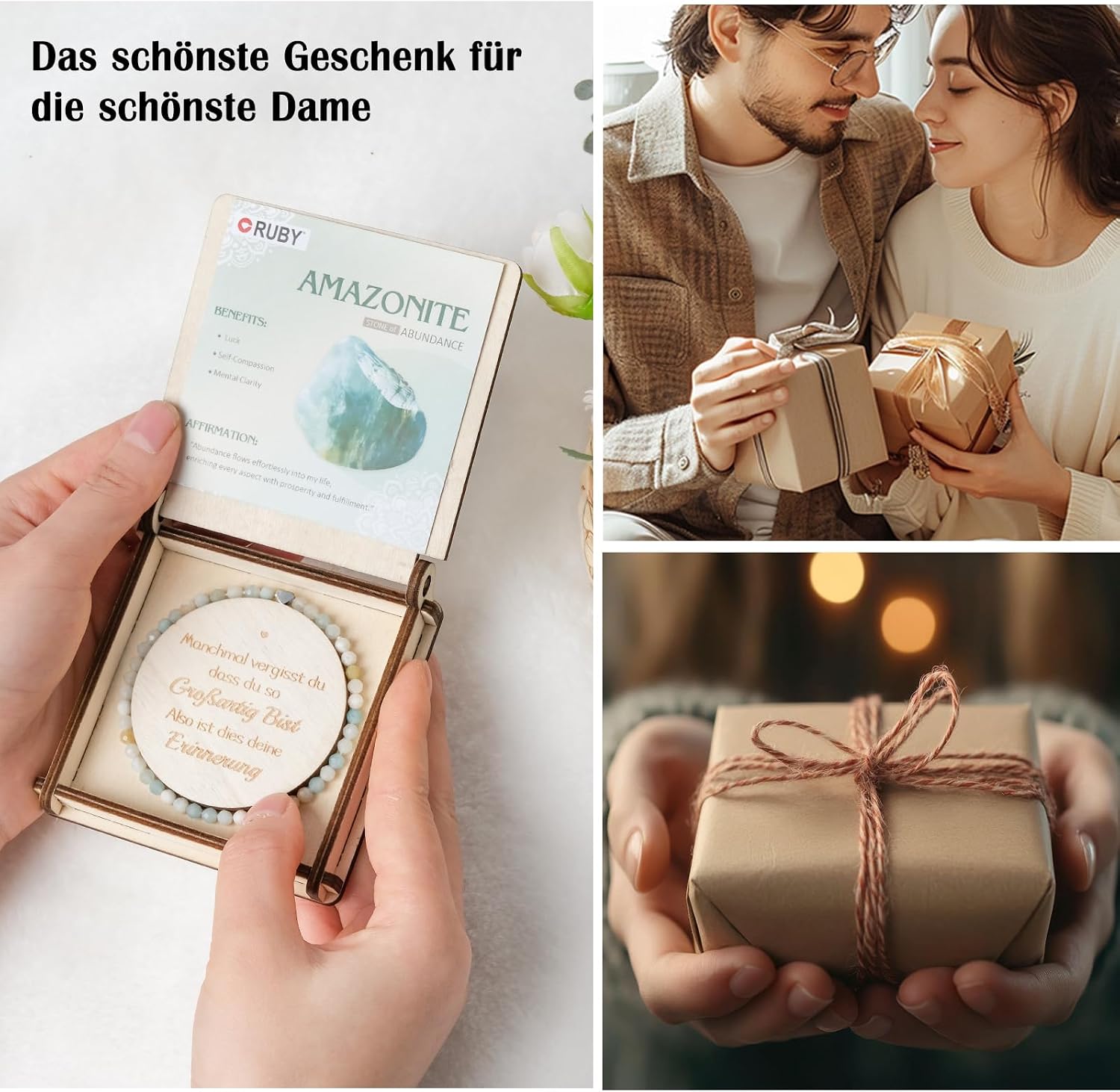 Detalle de RUBY Edelstein-Perlenarmband für Frauen mit 4-mm-Perlen und 18K vergoldetem Edelstahlherz (elastisch, im Geschenkbox-Set)