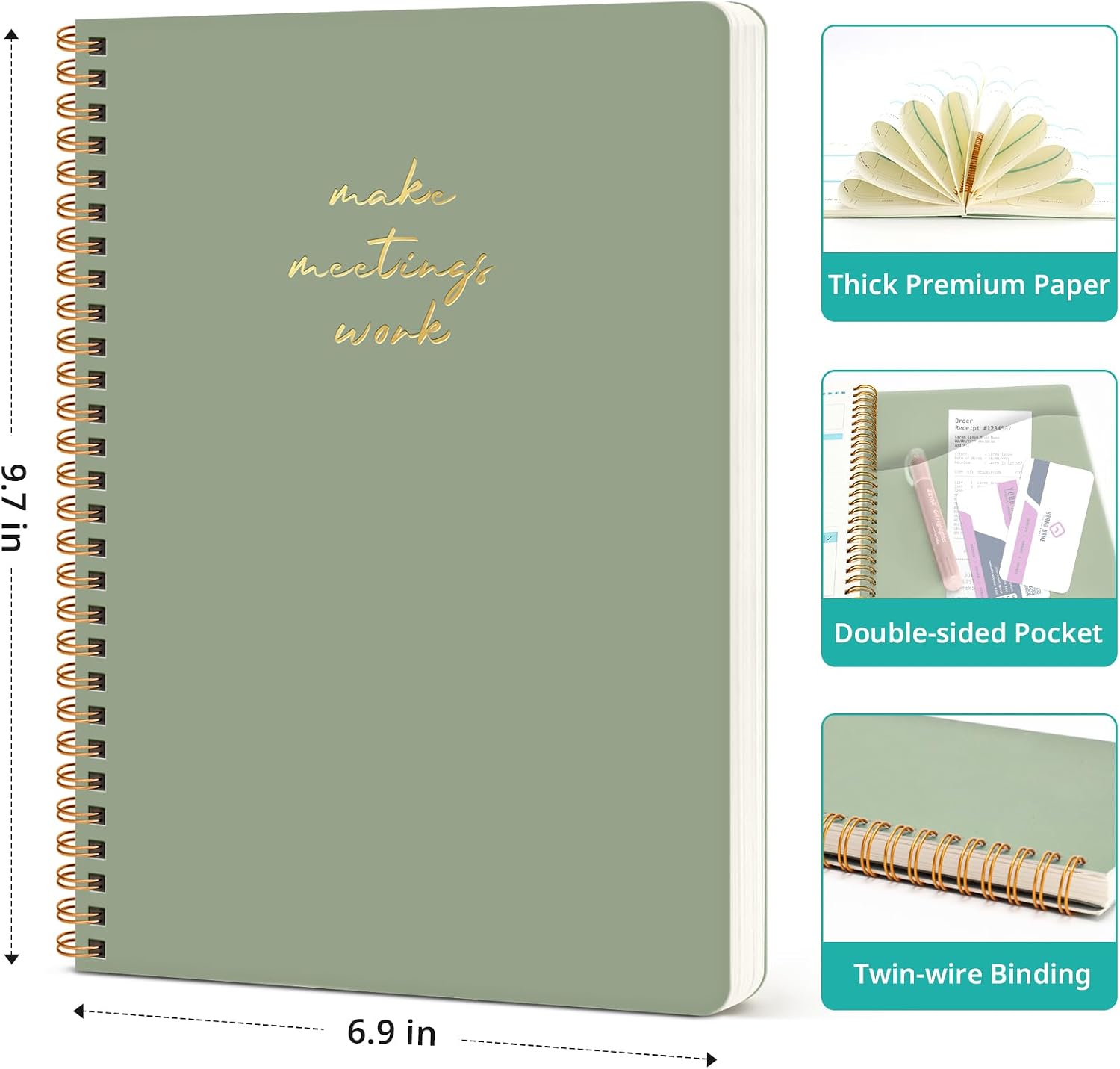 Detalle de Taja T011-New-Meeting-Green Meeting Notebook, 6.9 x 9.7 in, 140 Pages