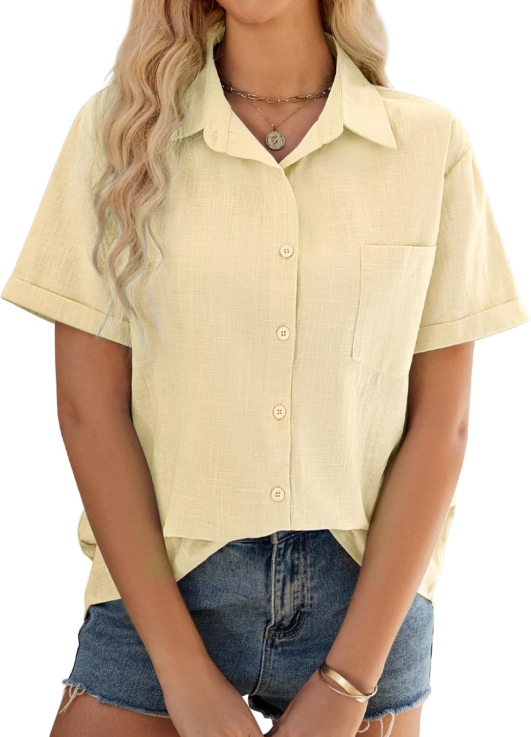 Detalle de UMIPUBO Musselin Bluse Damen – Sommerbluse aus 100% Baumwolle mit V-Ausschnitt und Knöpfen