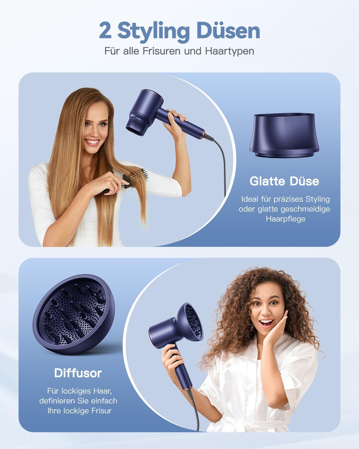 Detalle de DEWILY Ionen-Föhn 1800W mit Diffusor – kompakter Reisehaartrockner, 2 Geschwindigkeiten, 4 Temperaturstufen, Diffusor & Konzentrator, blau