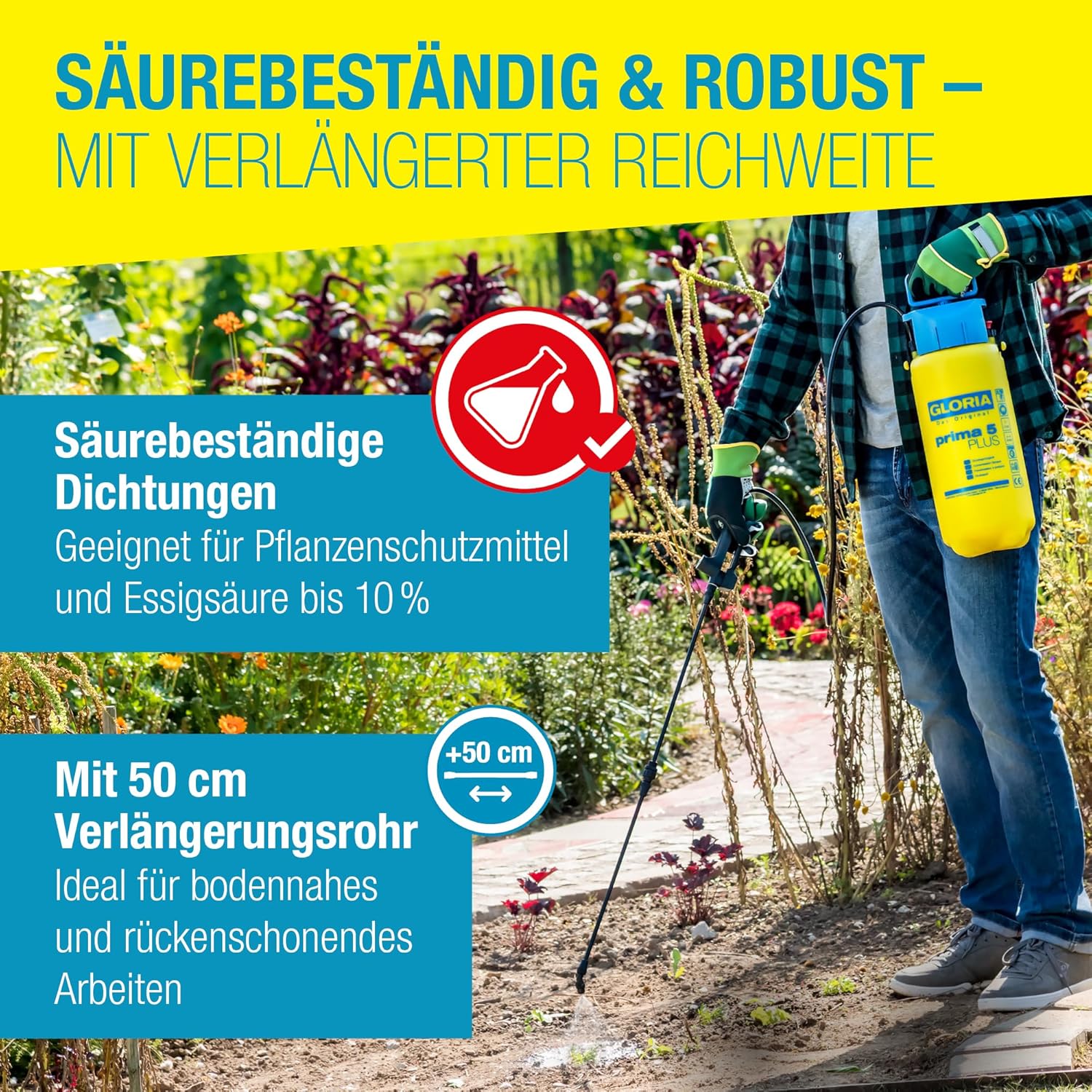 Detalle de GLORIA prima 5 Plus: Säurebeständiger 5-Liter-Drucksprüher mit Verlängerungslanze