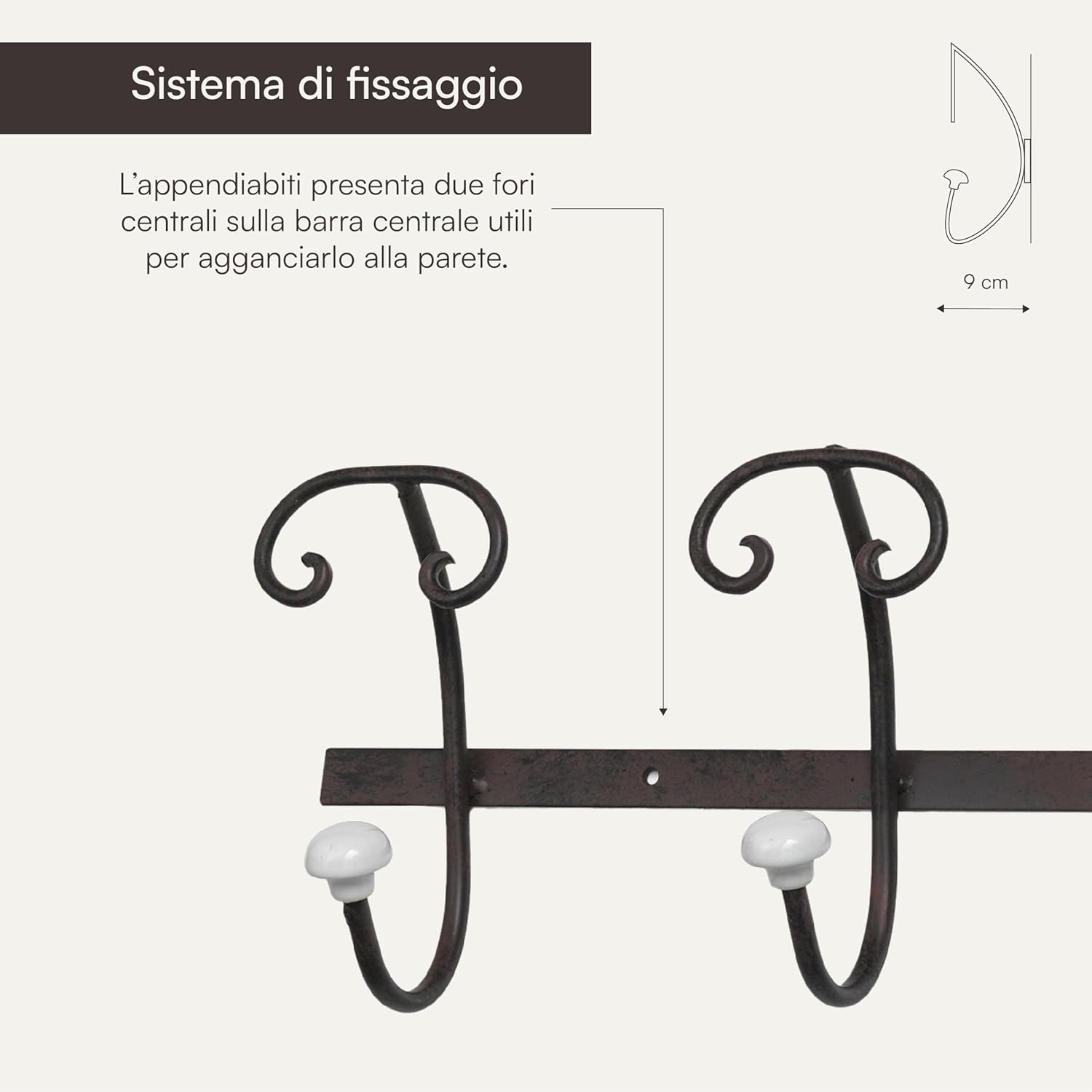 Detalle 2 de Baroni Home Appendiabiti da Parete Shabby Chic Nero – Ferro battuto, 4 ganci doppi, 8 posti