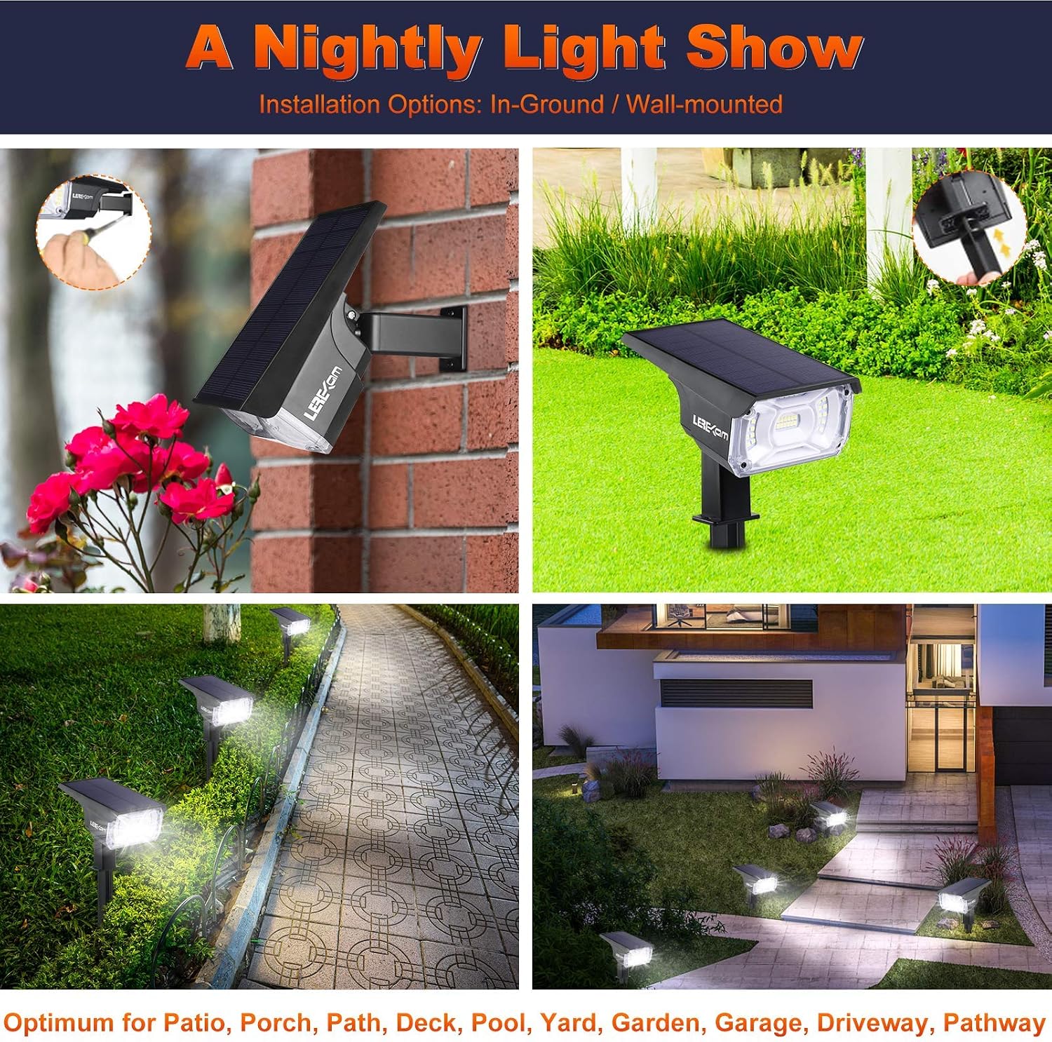 Detalle de LEREKAM C2 Solar Spotlights, 40-LED Cool White, IP65, 2-Pack