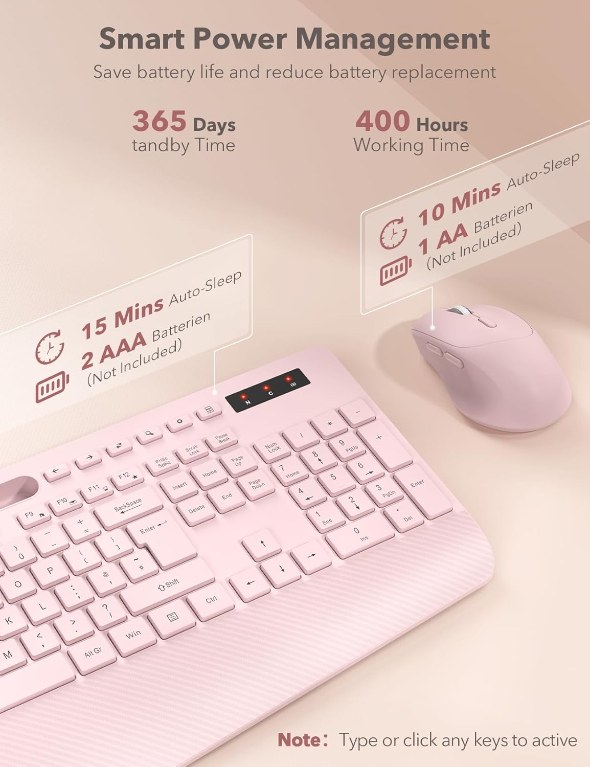 Thumbnail 4 de Wireless Keyboard and Mouse Combo (Pink) — Full-Size, Ergonomic with Wrist Rest