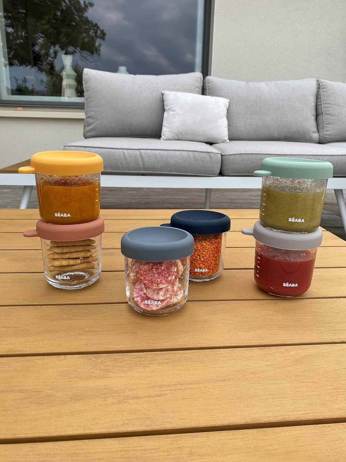 Detalle de BÉABA Set di 6 Vasetti in Vetro da 250 ml per Pappe: graduati, termoresistenti e con coperchi colorati