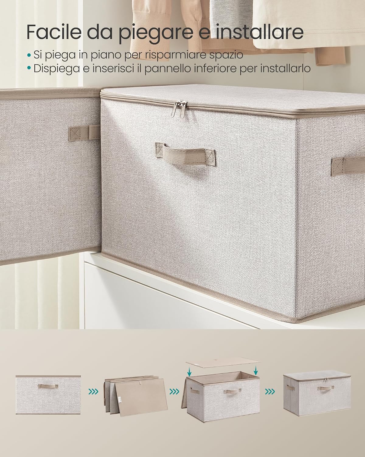 Detalle de SONGMICS set di 3 scatole portaoggetti pieghevoli con coperchio e maniglie Beige Sabbia (50 x 30 x 30 cm)