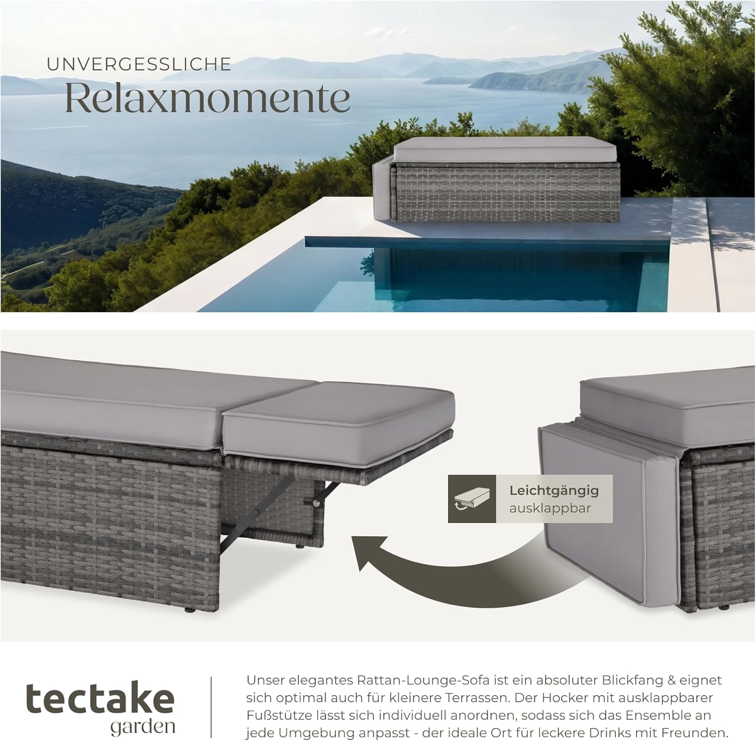 Detalle 2 de tectake Sofa Set: 2-Sitzer Couch mit Hocker, Schlaffunktion und wetterfestem Polyrattan für Outdoor